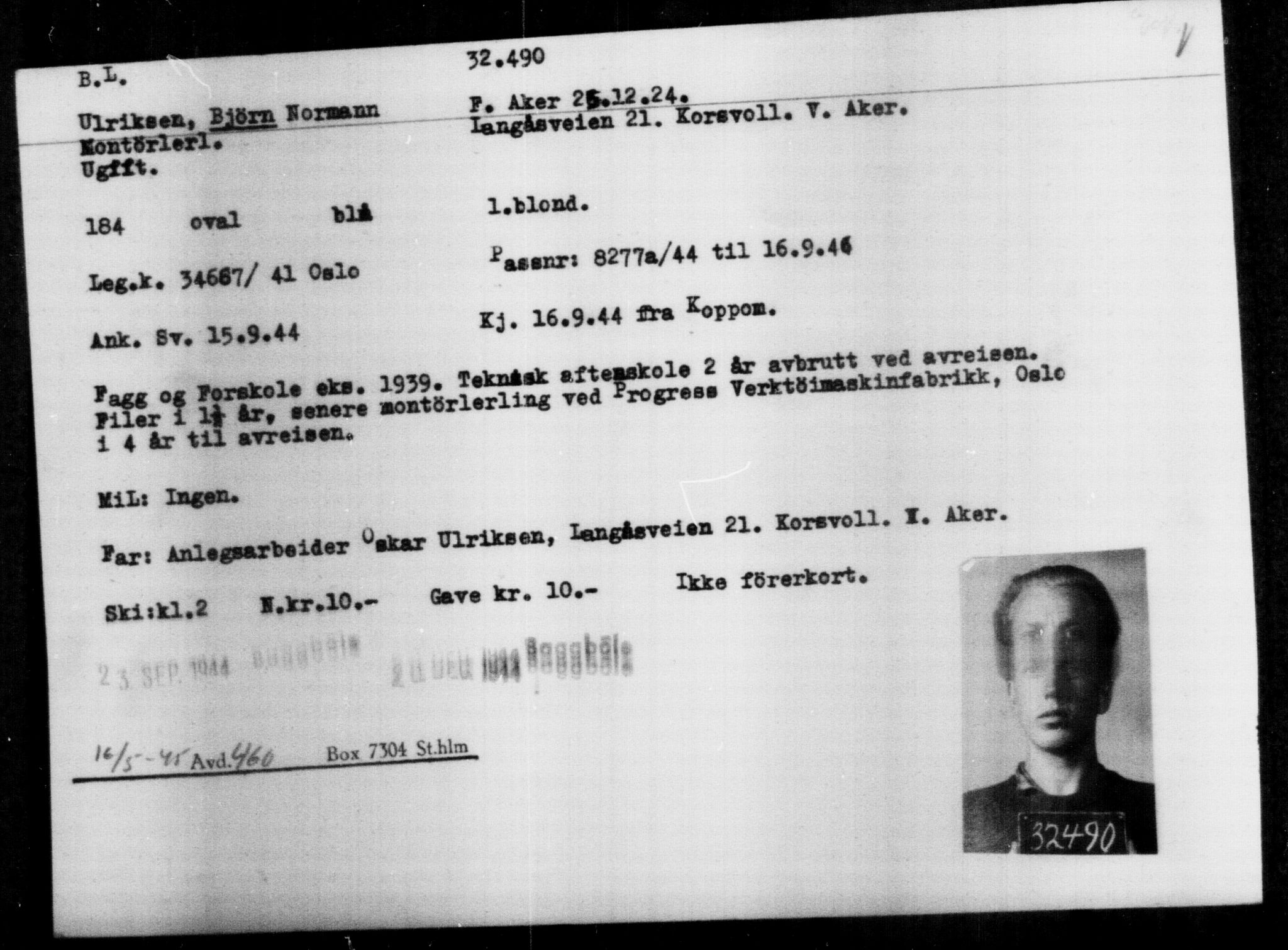 Utenriksstasjonene, Legasjonen i Stockholm, Flyktningkontoret, AV/RA-S-6753/V/Va/L0013: Kjesäterkartoteket, flyktninger med registreringsnr. 31500-34731, 1940-1945, p. 1044