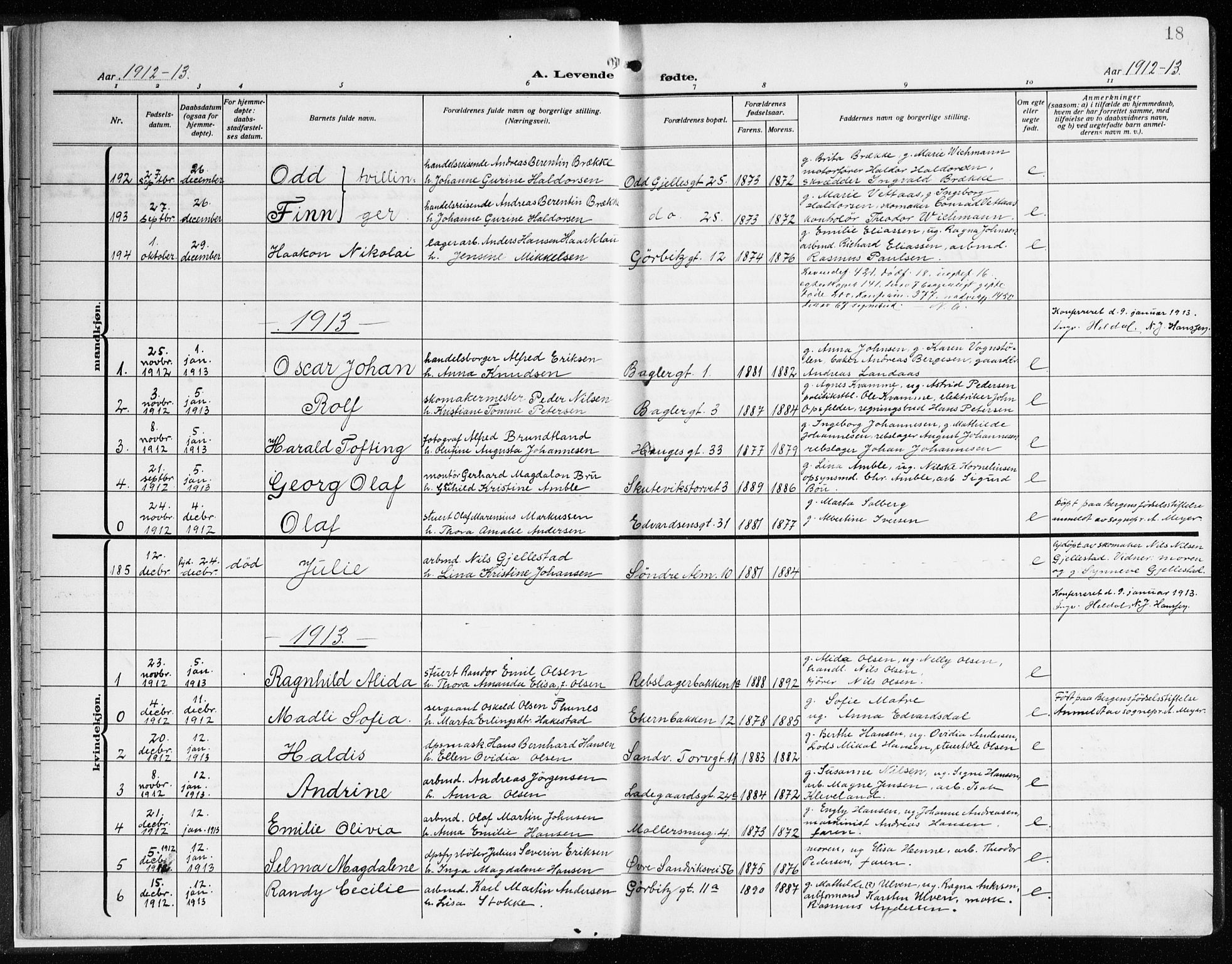 Sandviken Sokneprestembete, AV/SAB-A-77601/H/Ha/L0007: Parish register (official) no. B 4, 1912-1924, p. 18