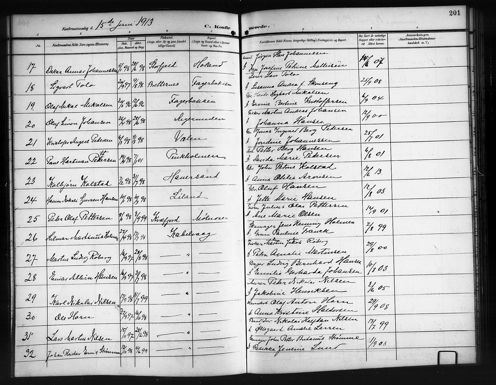 Ministerialprotokoller, klokkerbøker og fødselsregistre - Nordland, SAT/A-1459/874/L1079: Parish register (copy) no. 874C08, 1907-1915, p. 201