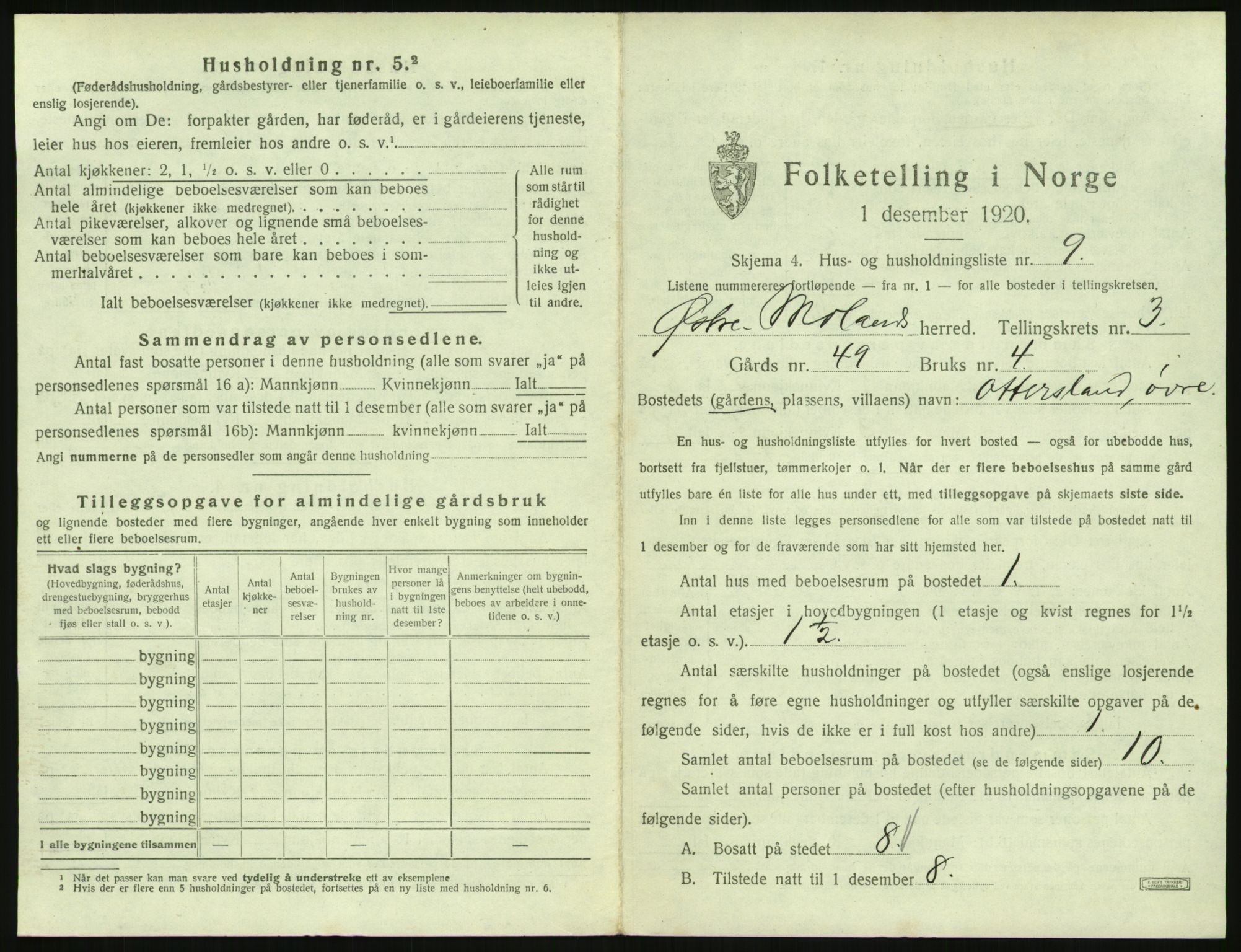 SAK, 1920 census for Austre Moland, 1920, p. 237