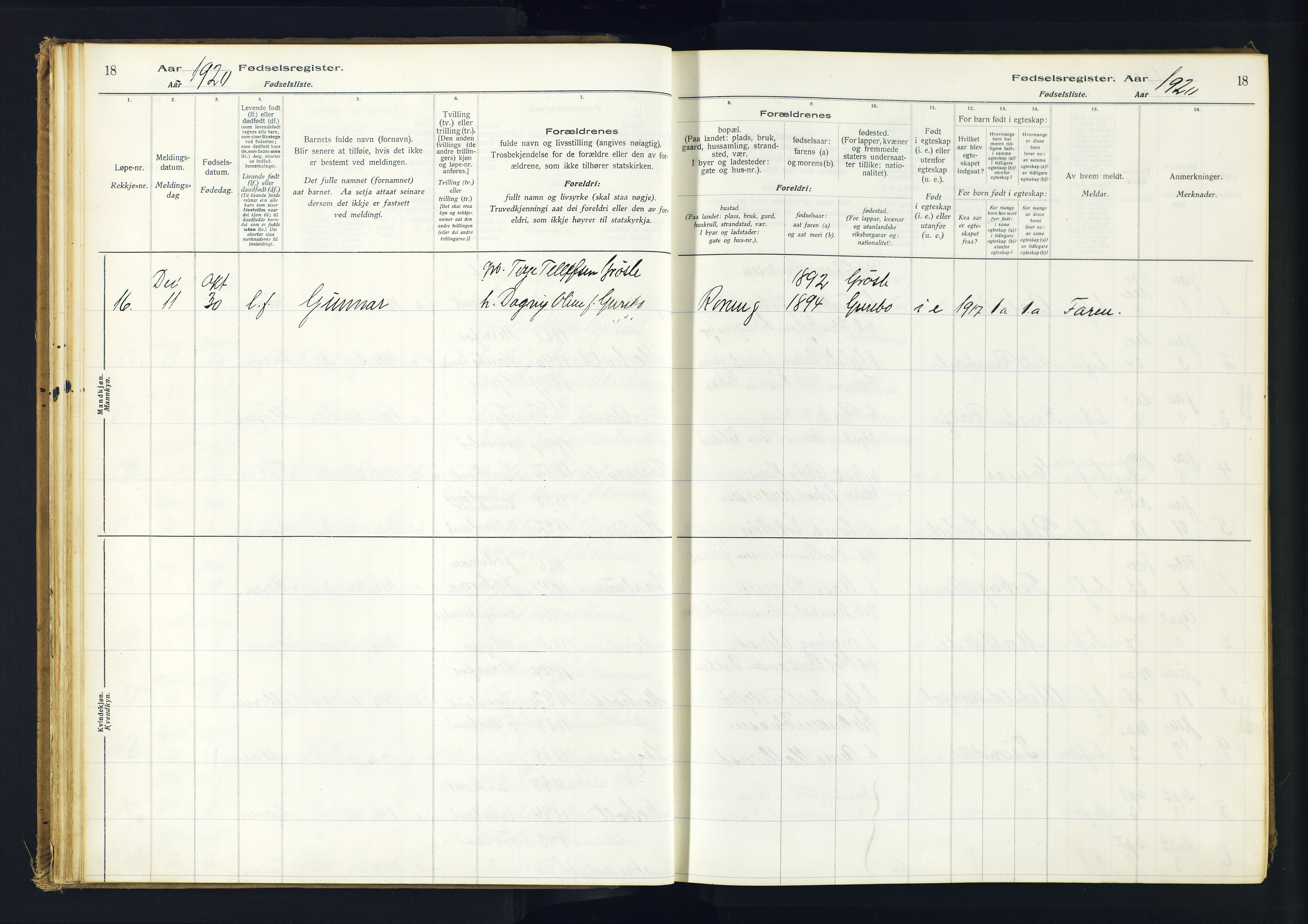 Hommedal sokneprestkontor, AV/SAK-1111-0023/J/Jd/L0001: Birth register no. 1, 1916-1962, p. 18