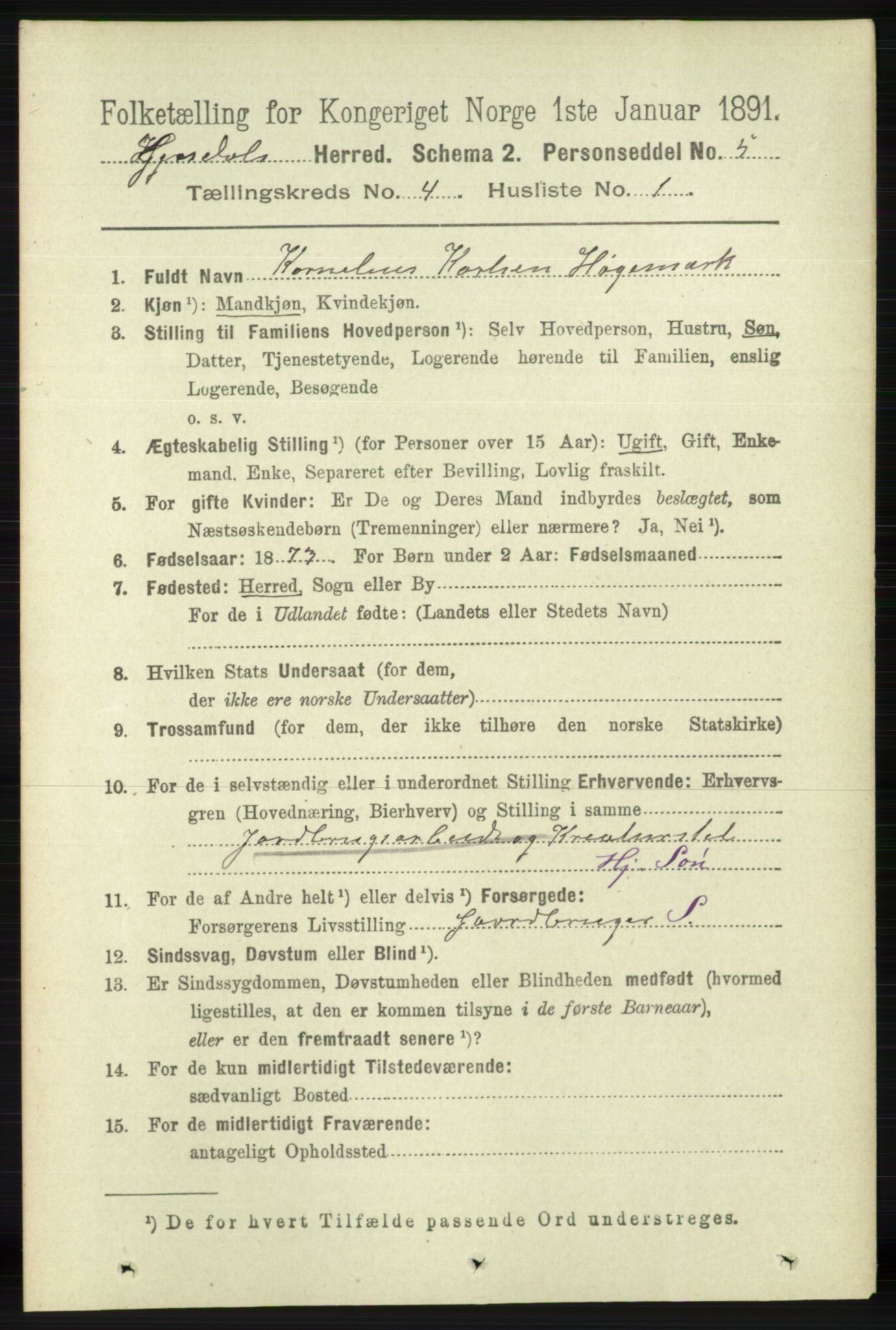 RA, 1891 census for 1122 Gjesdal, 1891, p. 1186