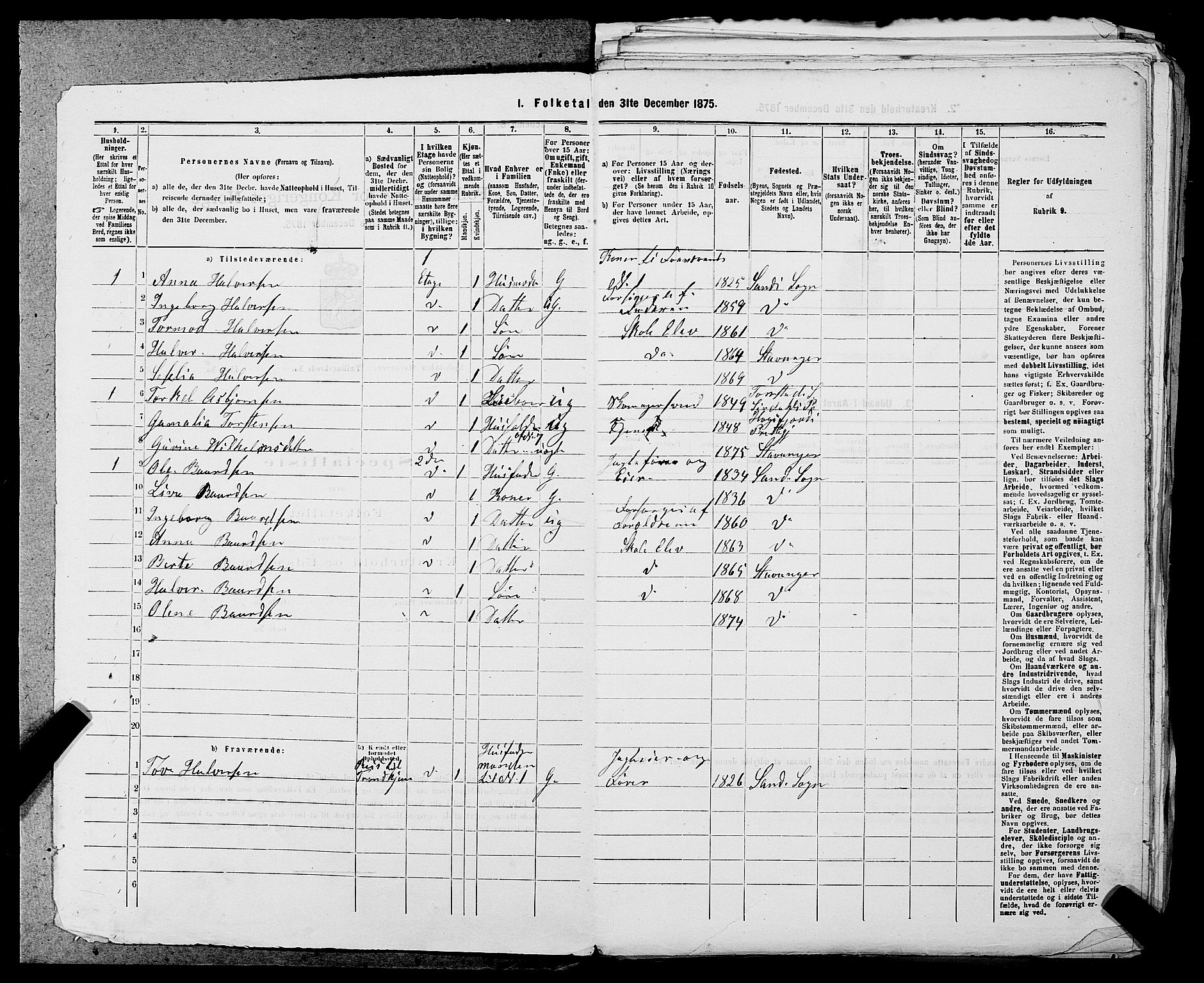 SAST, 1875 census for 1103 Stavanger, 1875, p. 933