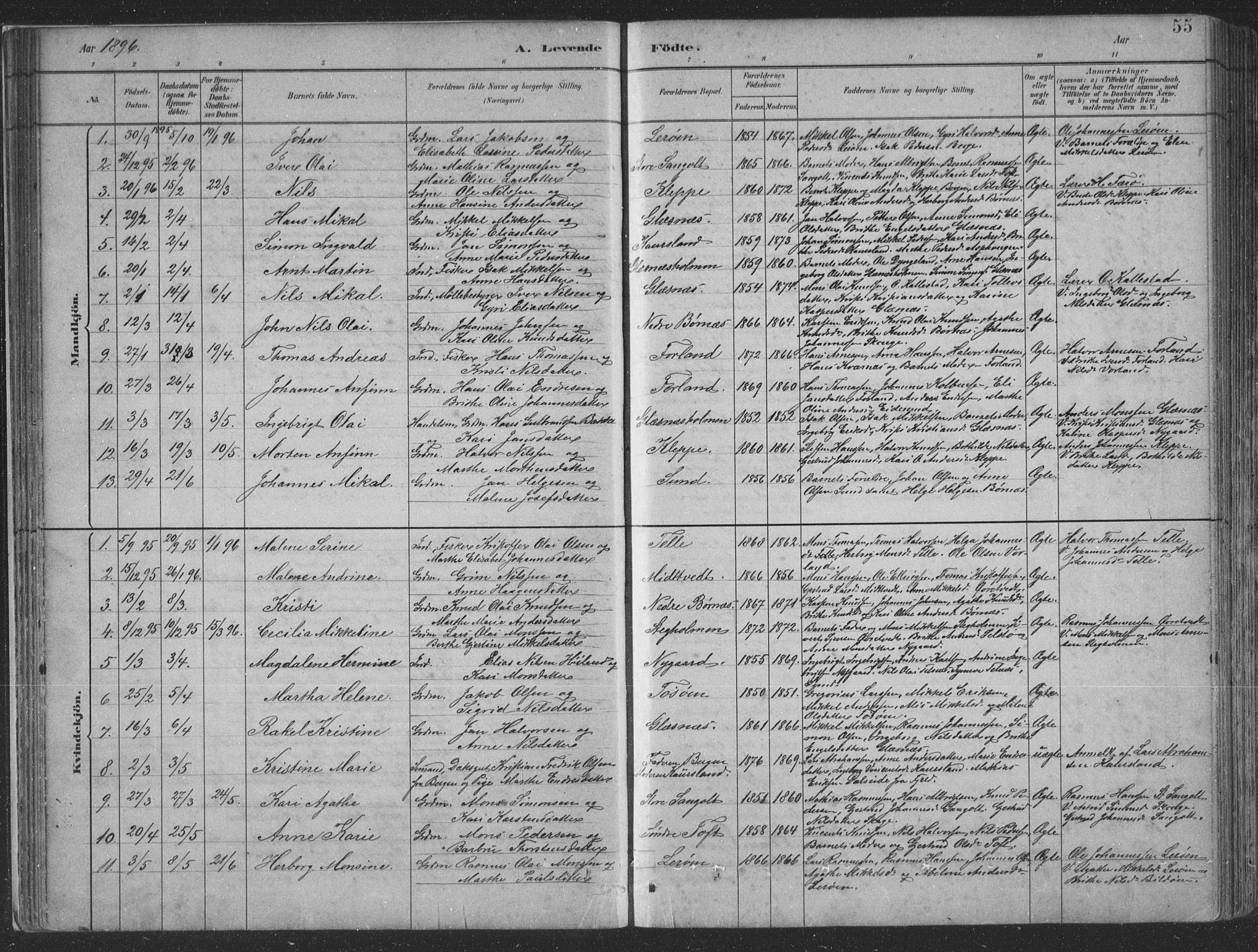Sund sokneprestembete, SAB/A-99930: Parish register (copy) no. B 3, 1882-1911, p. 55