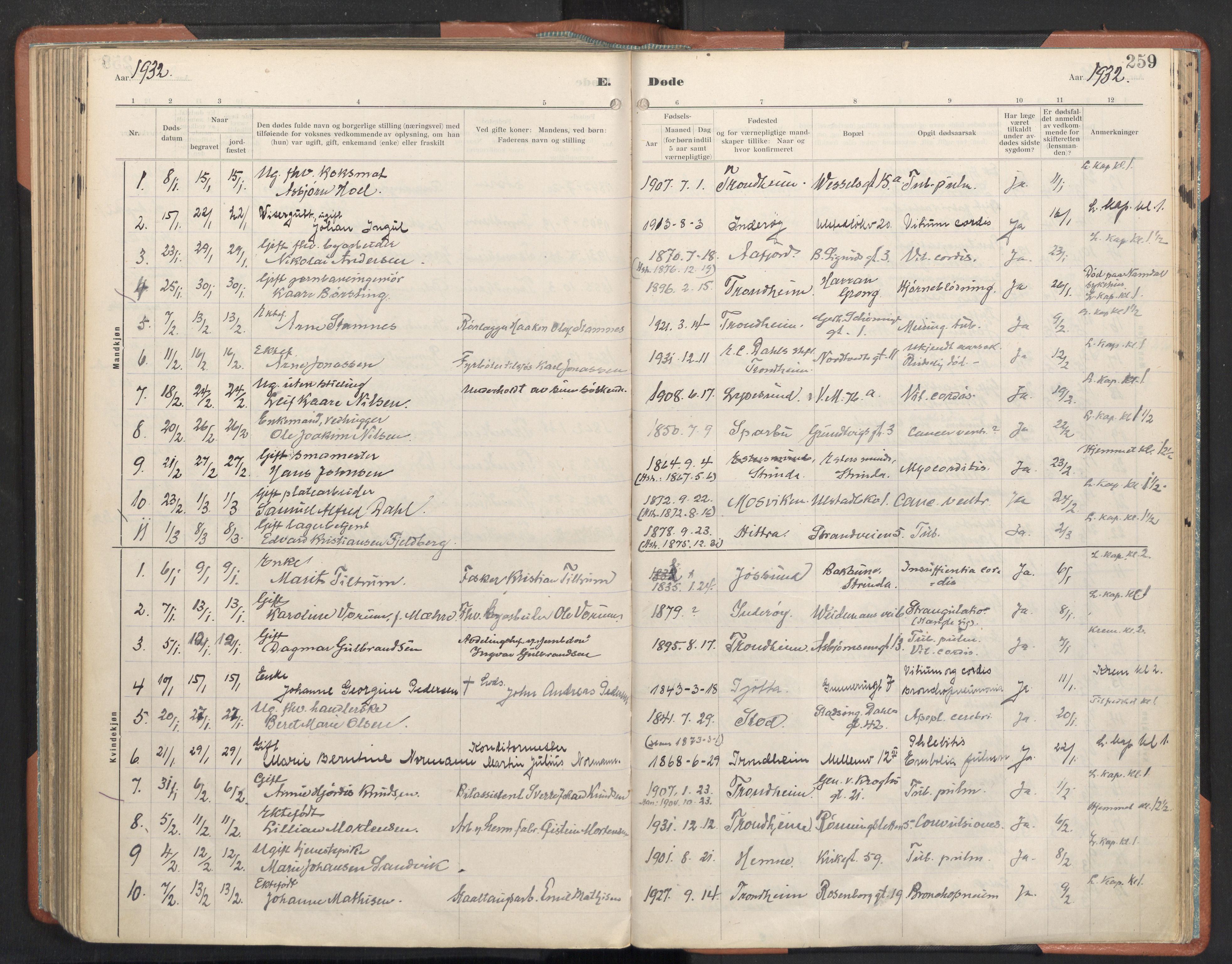 Ministerialprotokoller, klokkerbøker og fødselsregistre - Sør-Trøndelag, SAT/A-1456/605/L0245: Parish register (official) no. 605A07, 1916-1938, p. 259
