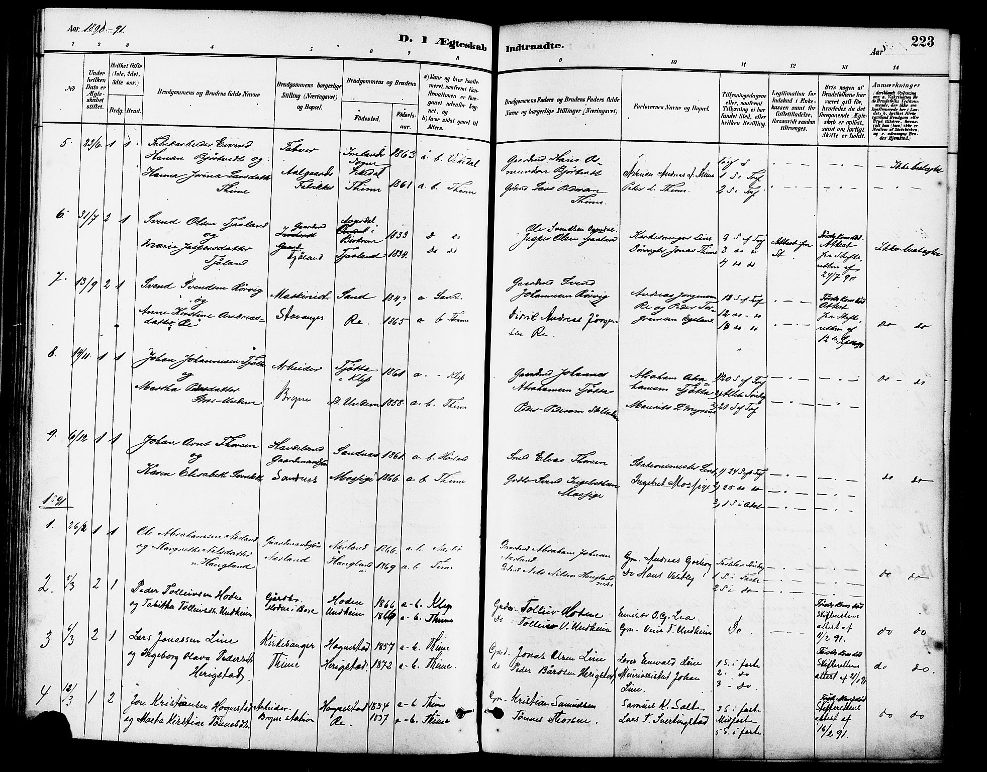 Lye sokneprestkontor, SAST/A-101794/001/30BA/L0009: Parish register (official) no. A 8, 1881-1892, p. 223