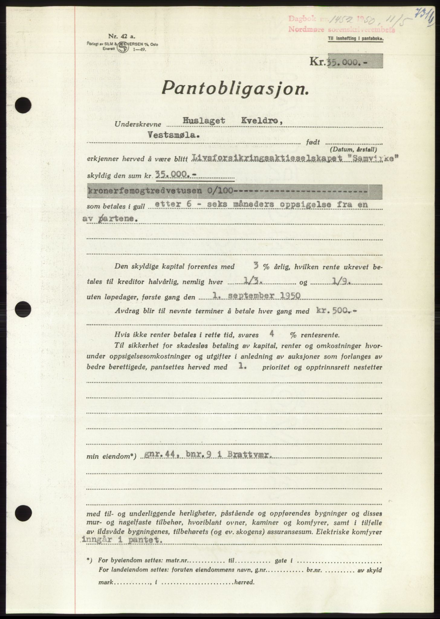 Nordmøre sorenskriveri, AV/SAT-A-4132/1/2/2Ca: Mortgage book no. B104, 1950-1950, Diary no: : 1452/1950