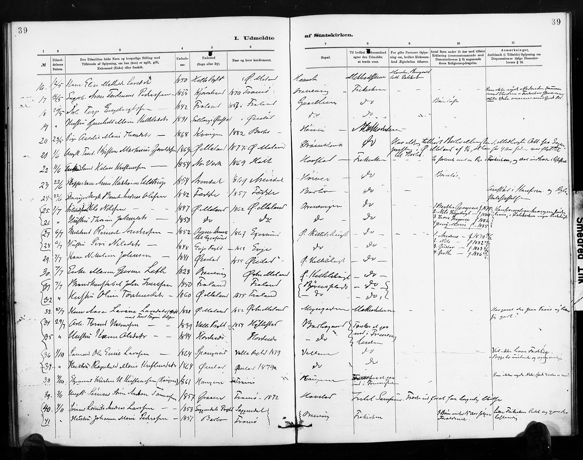 Barbu sokneprestkontor, AV/SAK-1111-0003/F/Fa/L0004: Parish register (official) no. A 4, 1883-1909, p. 39