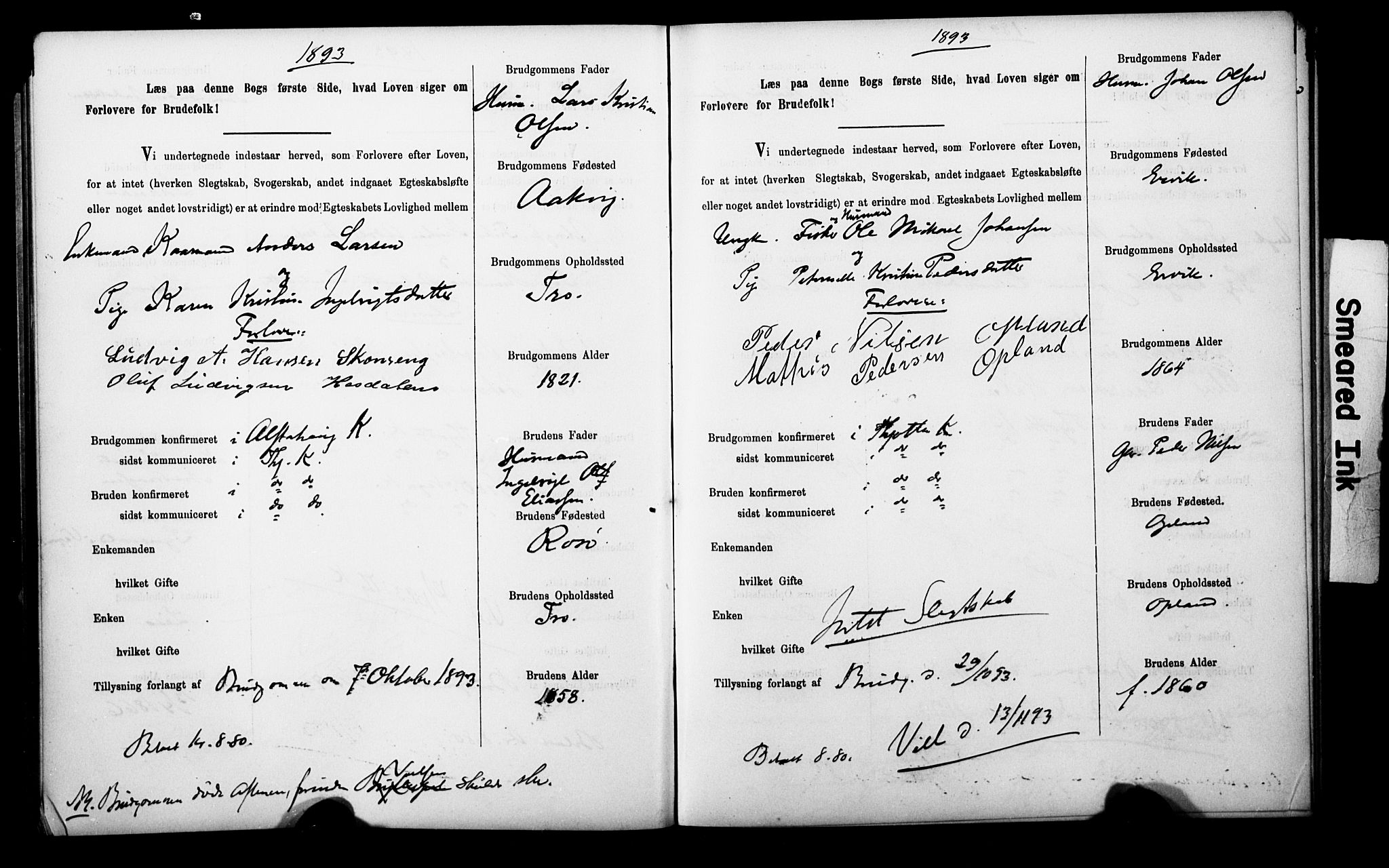 Uten arkivreferanse**, SAT/-: Banns register no. 1 /2 (Trøgstad), 1891-1895