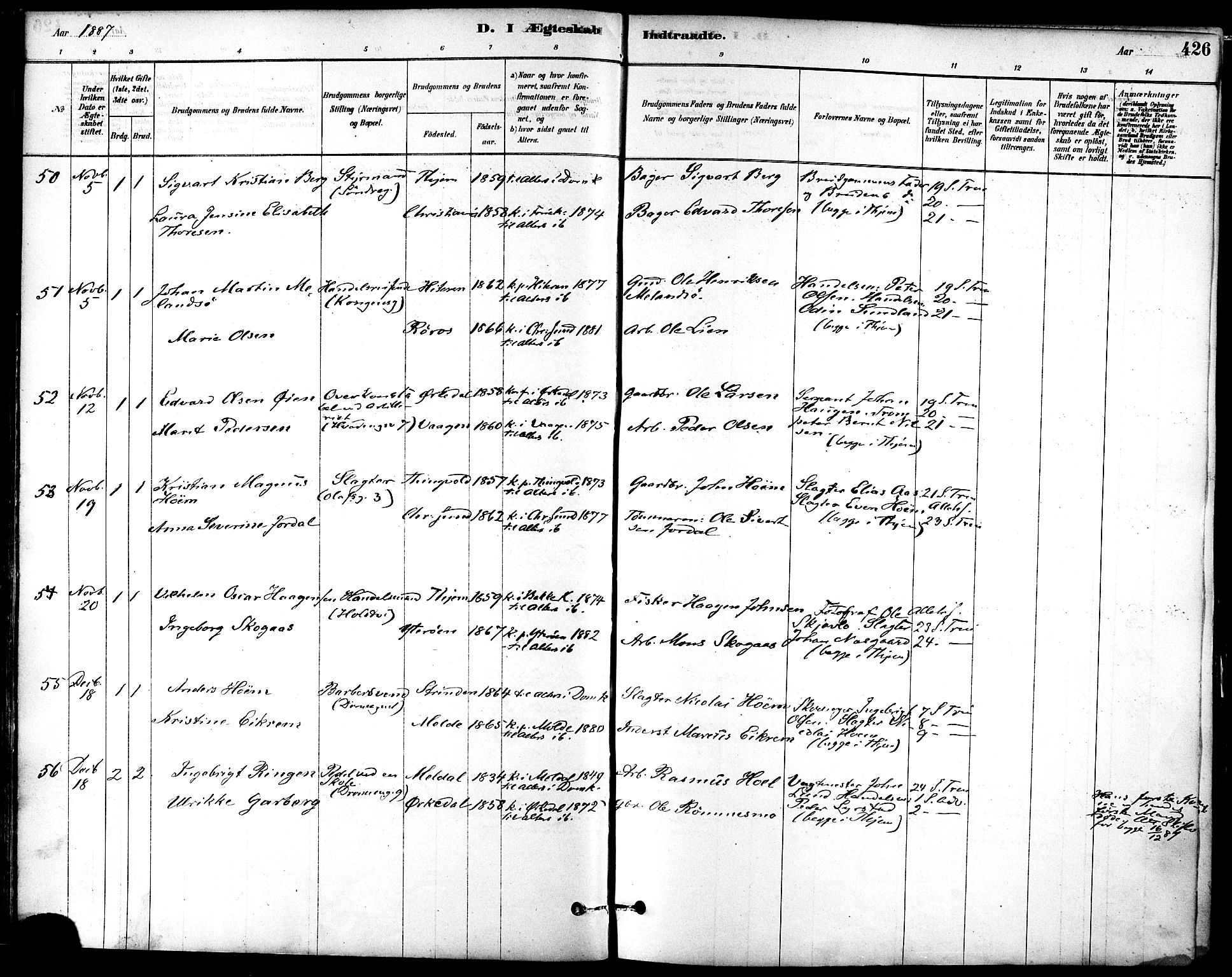 Ministerialprotokoller, klokkerbøker og fødselsregistre - Sør-Trøndelag, AV/SAT-A-1456/601/L0058: Parish register (official) no. 601A26, 1877-1891, p. 426