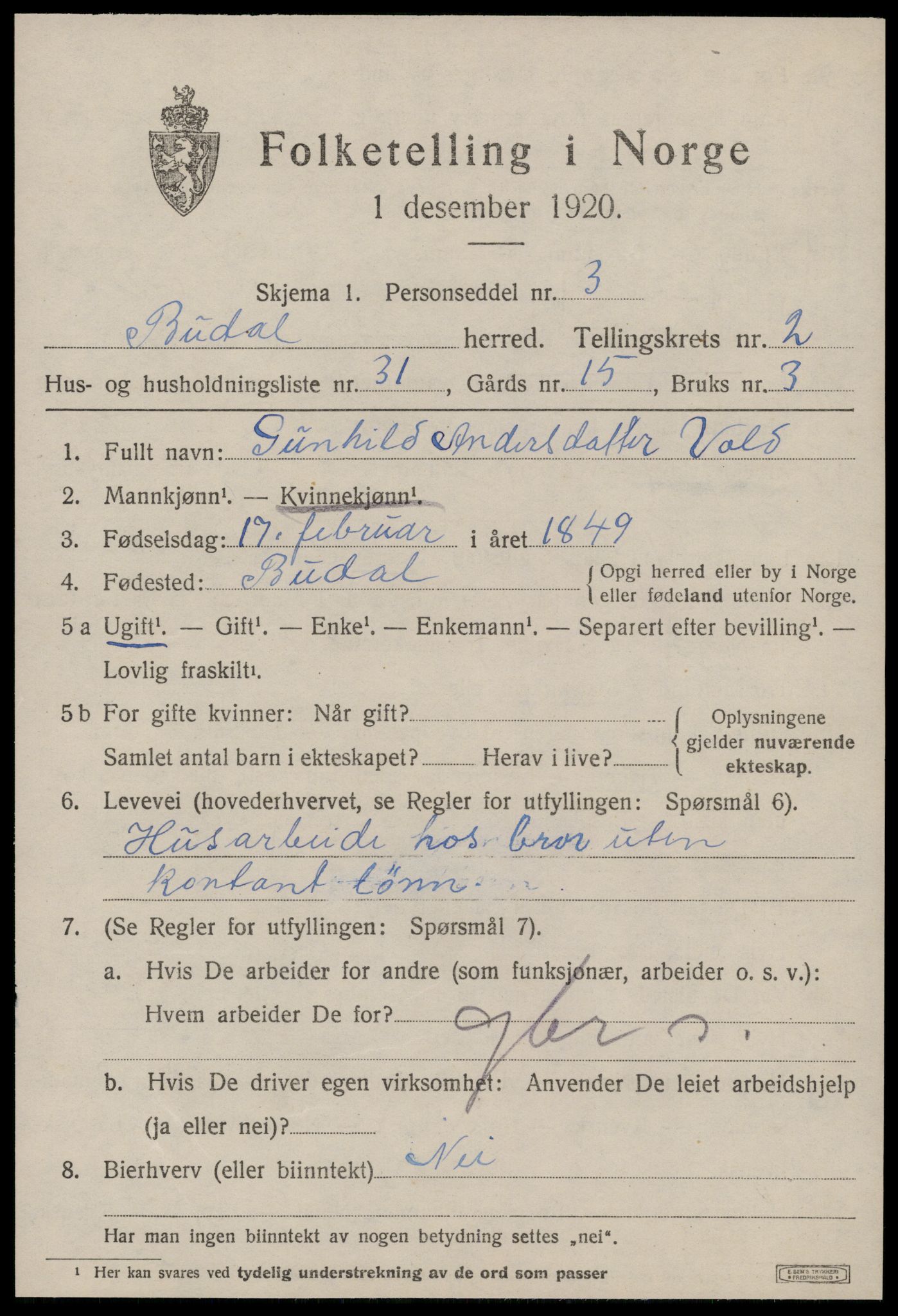 SAT, 1920 census for Budal, 1920, p. 752