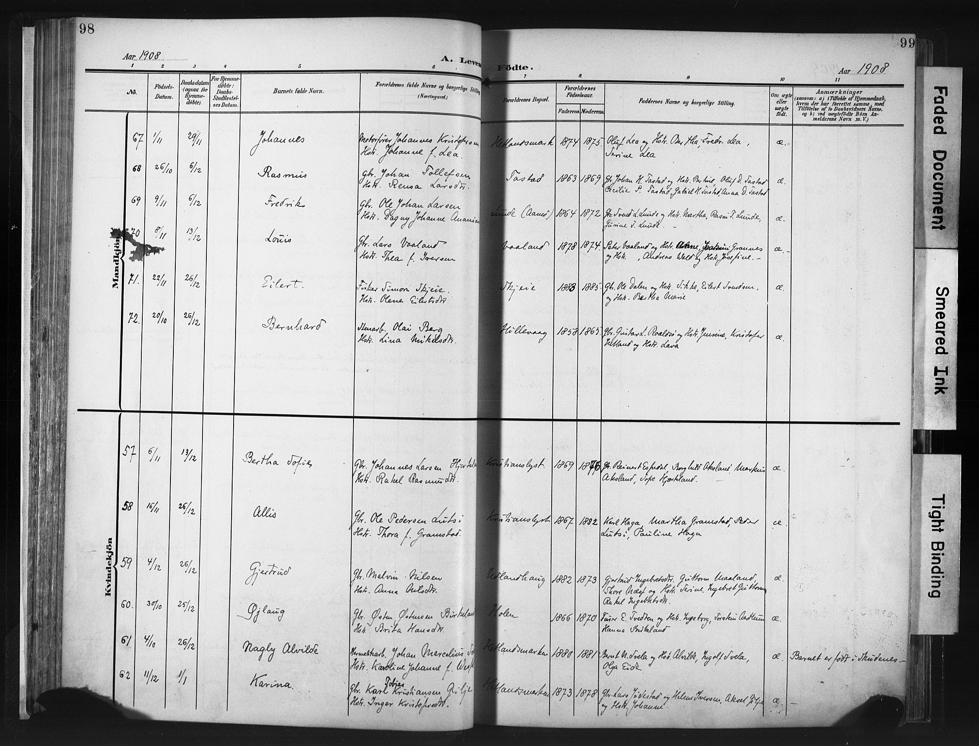 Hetland sokneprestkontor, SAST/A-101826/30/30BA/L0013: Parish register (official) no. A 13, 1904-1918, p. 98-99