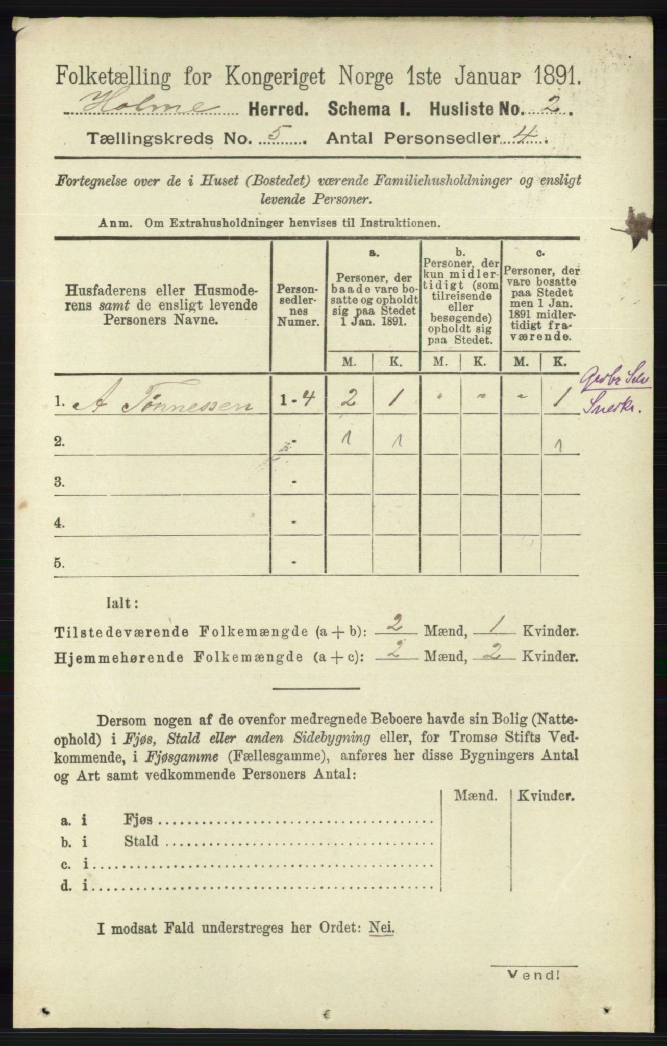 RA, 1891 census for 1020 Holum, 1891, p. 1179