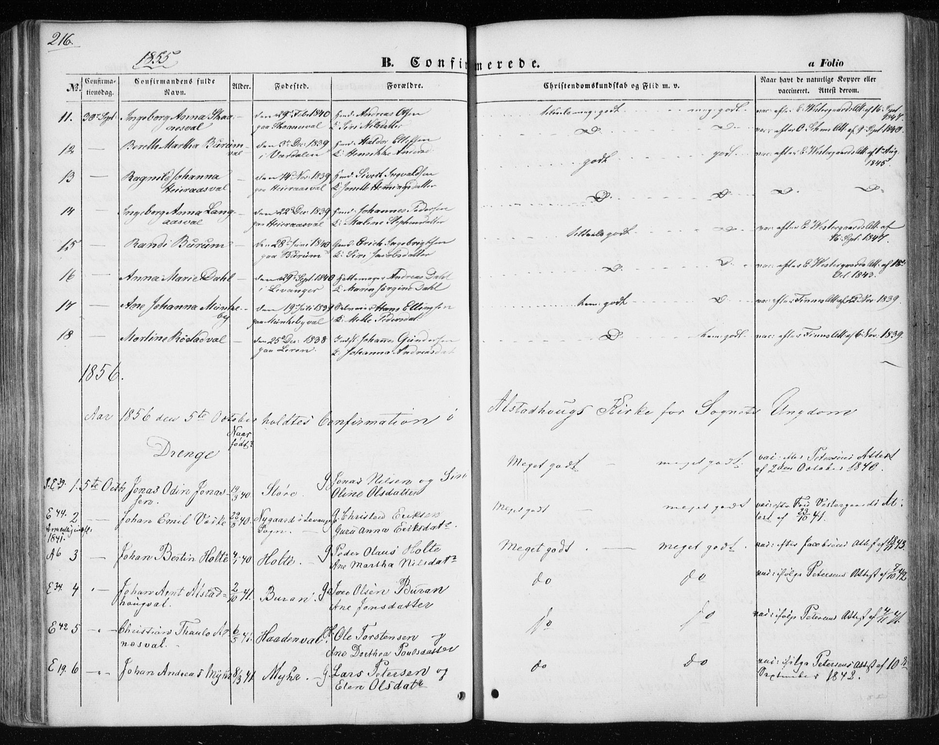 Ministerialprotokoller, klokkerbøker og fødselsregistre - Nord-Trøndelag, SAT/A-1458/717/L0154: Parish register (official) no. 717A07 /1, 1850-1862, p. 216