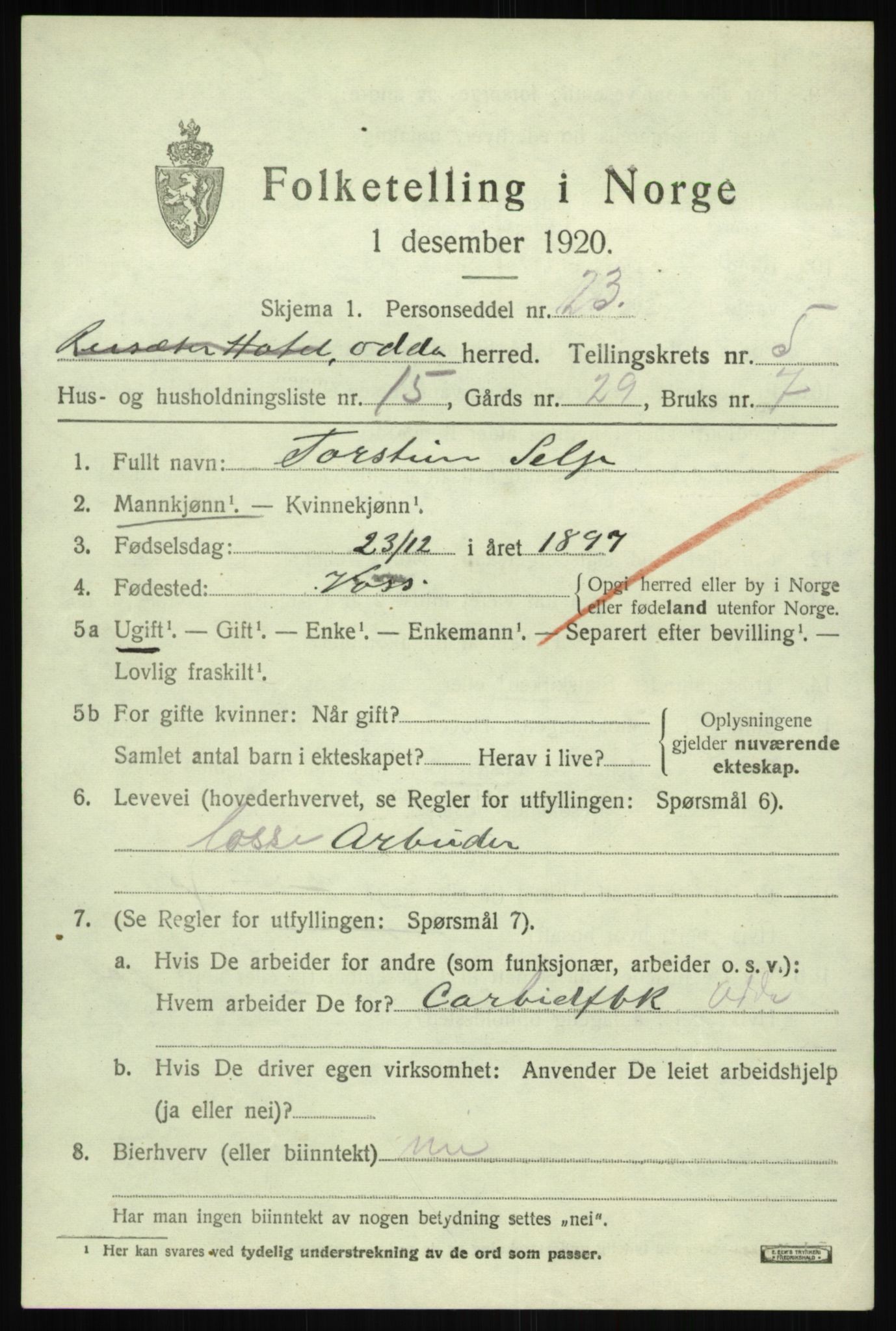 SAB, 1920 census for Odda, 1920, p. 3381