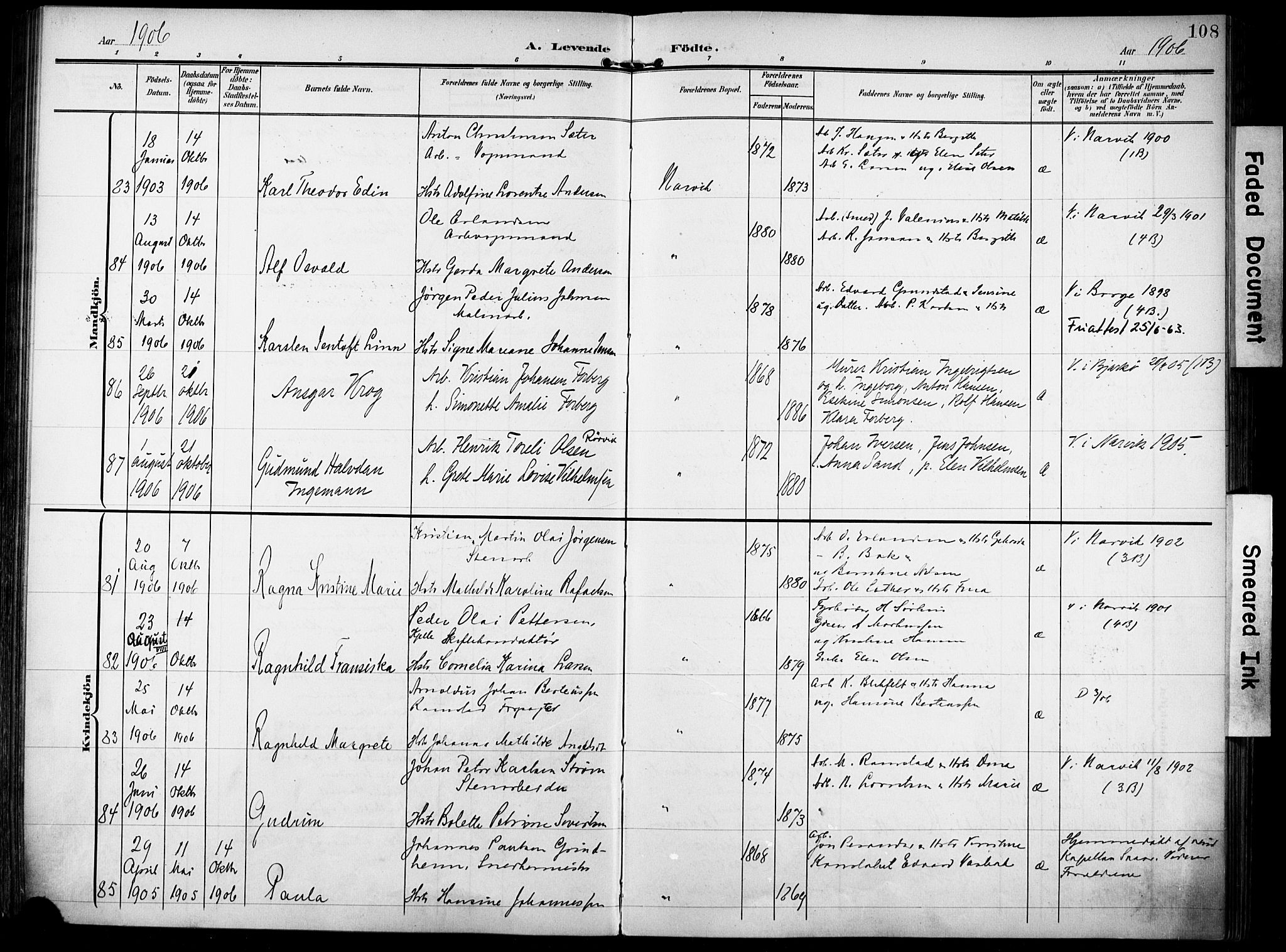 Ministerialprotokoller, klokkerbøker og fødselsregistre - Nordland, AV/SAT-A-1459/871/L0994: Parish register (official) no. 871A10, 1902-1910, p. 108