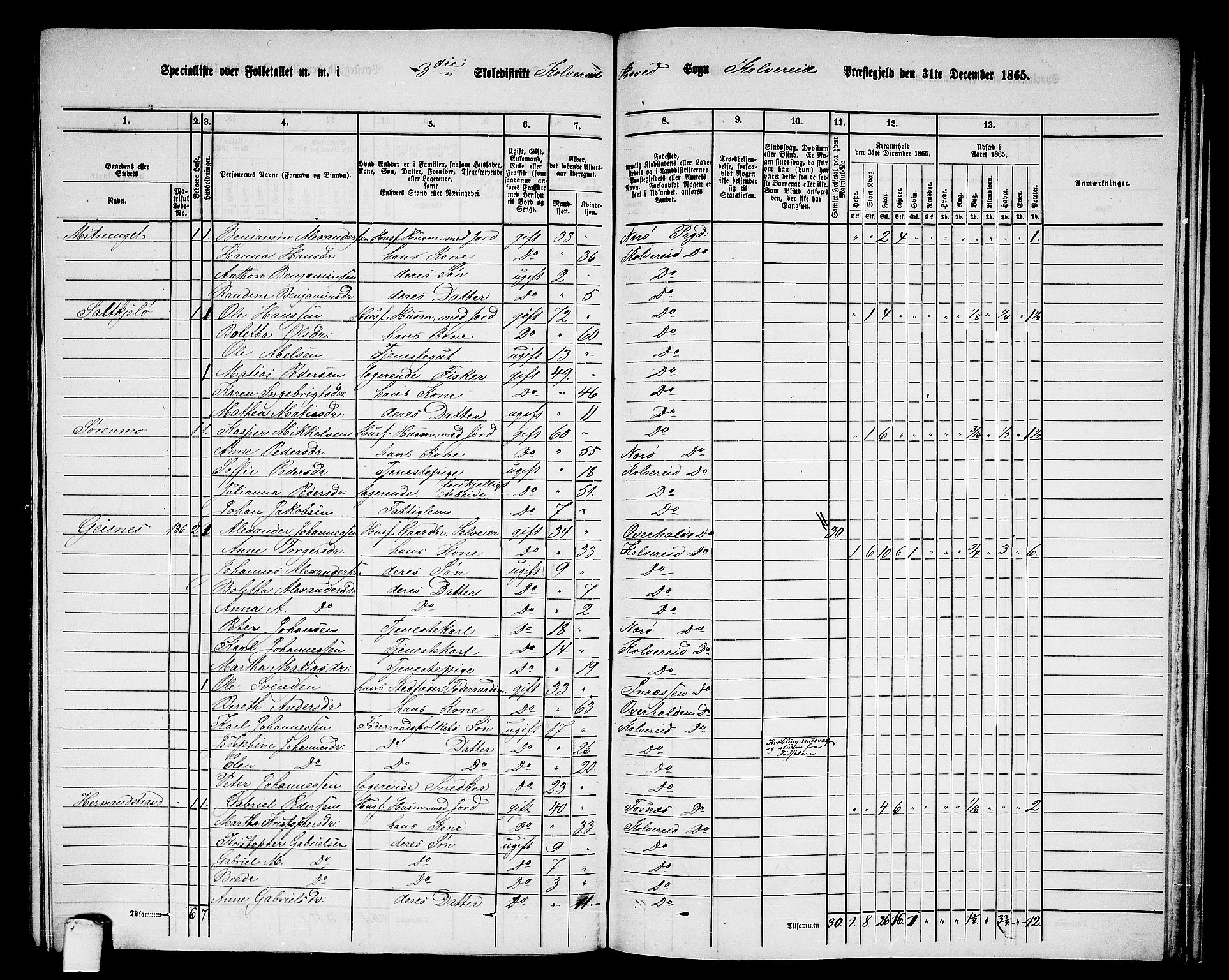 RA, 1865 census for Kolvereid, 1865, p. 63