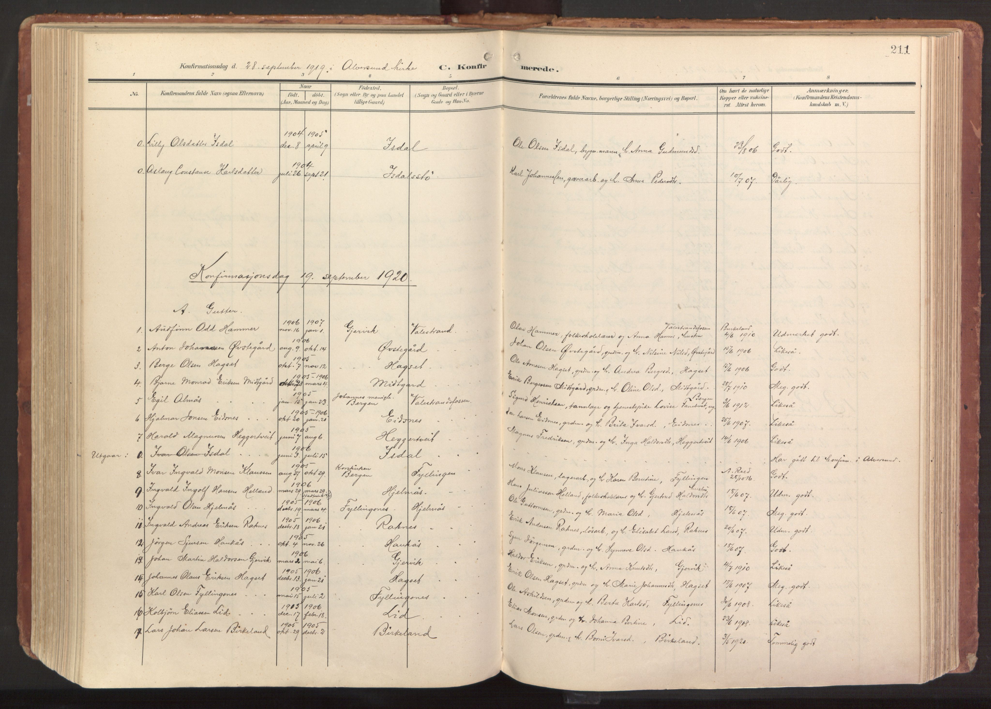 Hamre sokneprestembete, AV/SAB-A-75501/H/Ha/Haa/Haab/L0002: Parish register (official) no. B 2, 1905-1924, p. 211