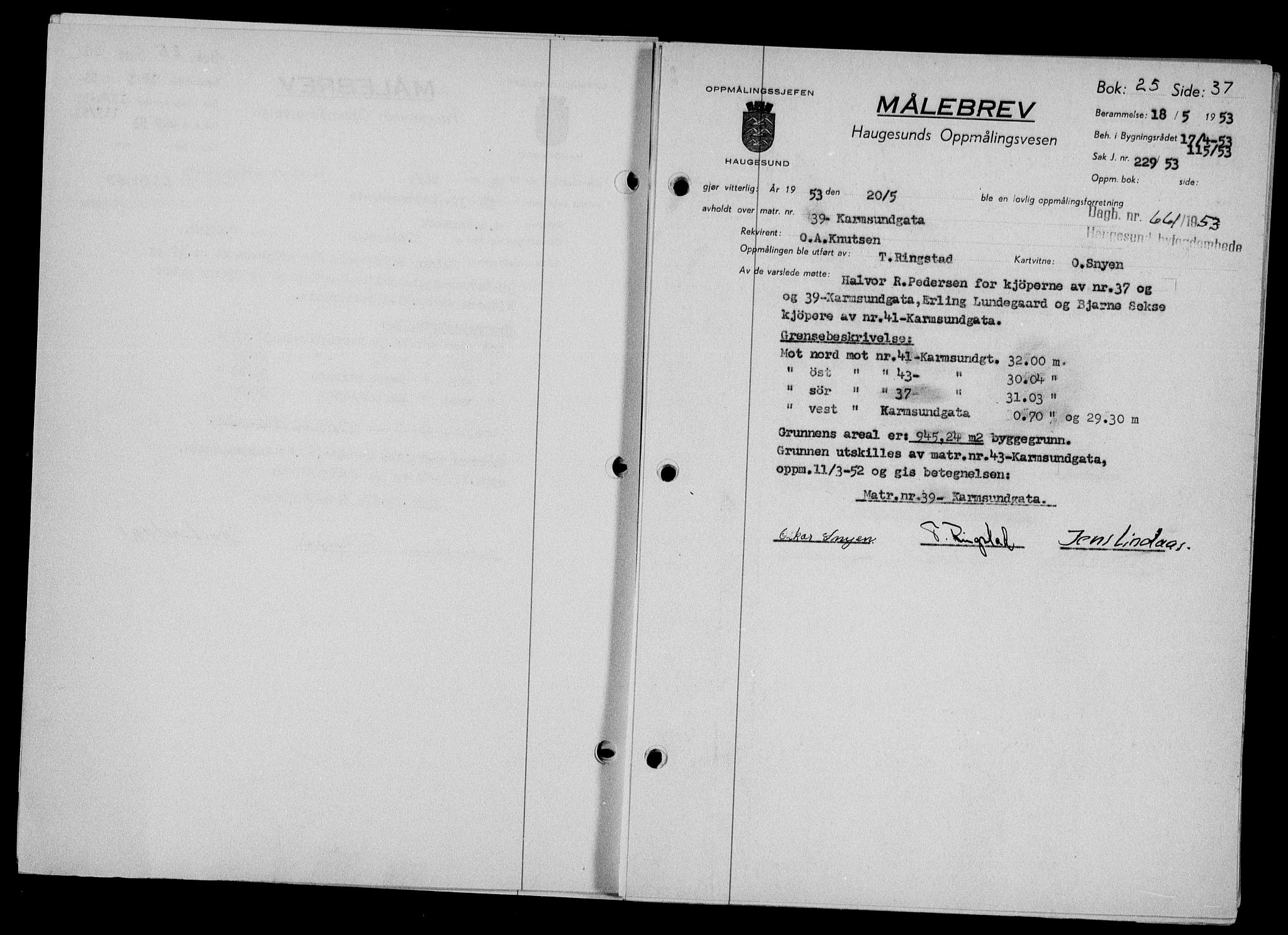 Haugesund tingrett, AV/SAST-A-101415/01/II/IIC/L0065: Mortgage book no. A 6, 1951-1953, Diary no: : 661/1953