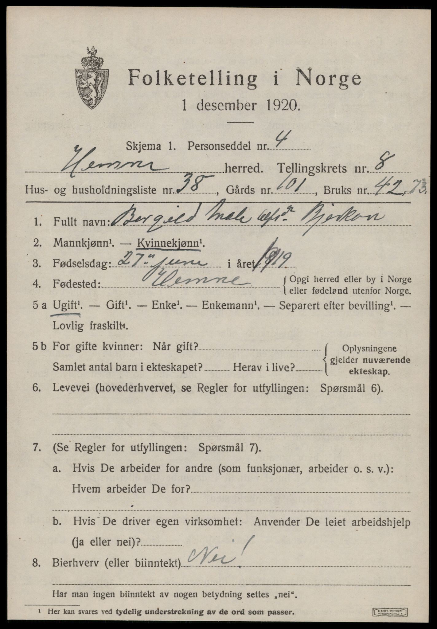 SAT, 1920 census for Hemne, 1920, p. 5192