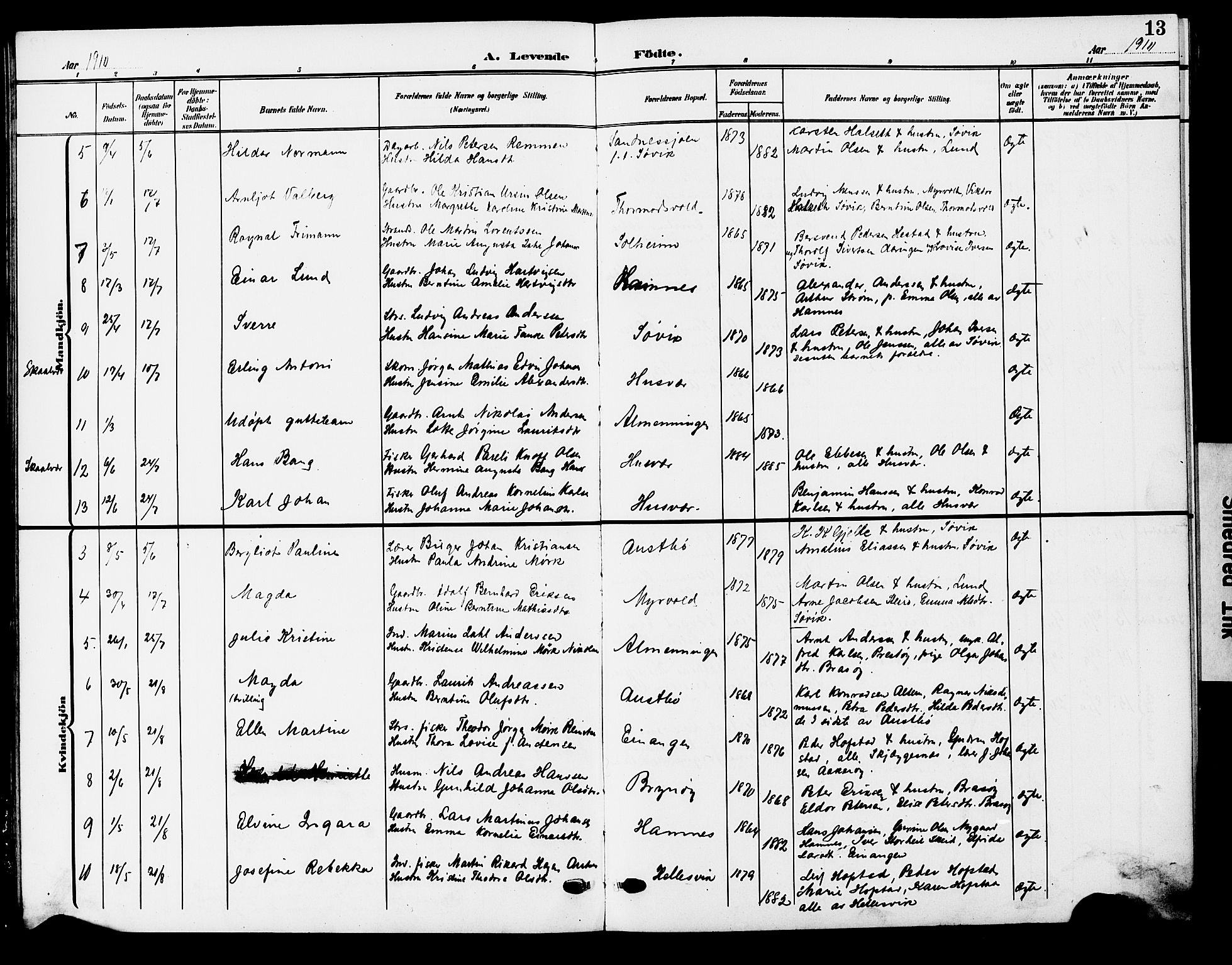 Ministerialprotokoller, klokkerbøker og fødselsregistre - Nordland, AV/SAT-A-1459/830/L0464: Parish register (copy) no. 830C06, 1906-1925, p. 13