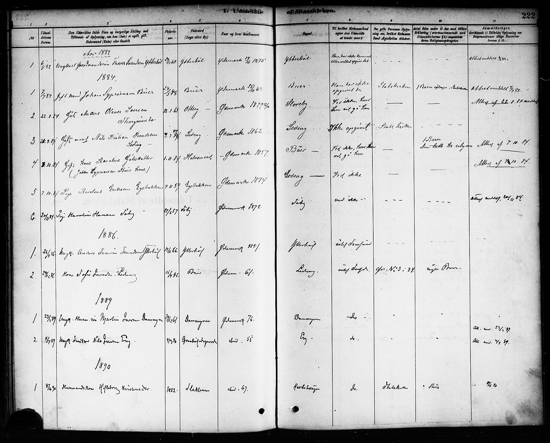 Aremark prestekontor Kirkebøker, SAO/A-10899/F/Fb/L0004: Parish register (official) no. II 4, 1878-1895, p. 222