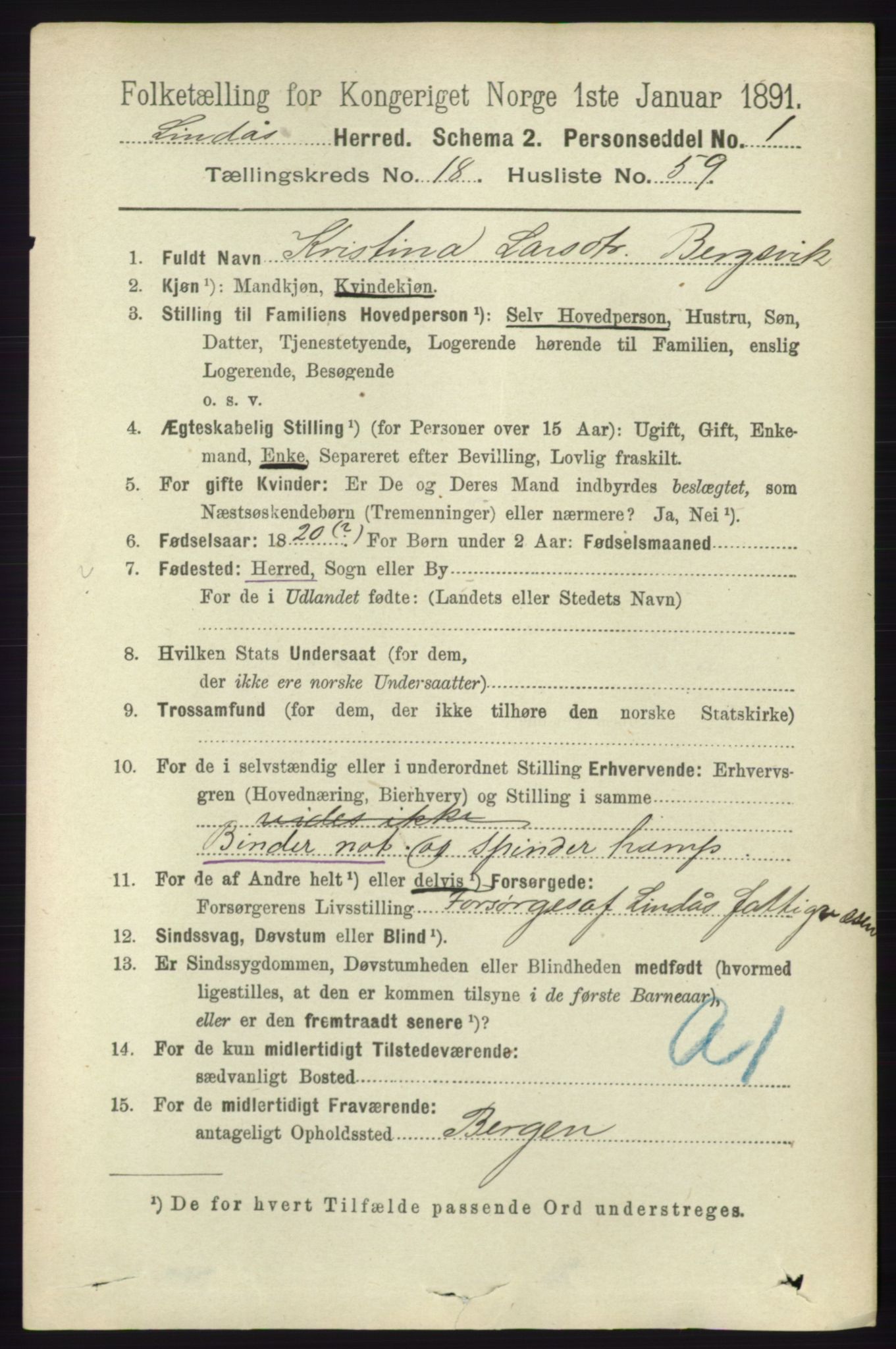 RA, 1891 census for 1263 Lindås, 1891, p. 6871