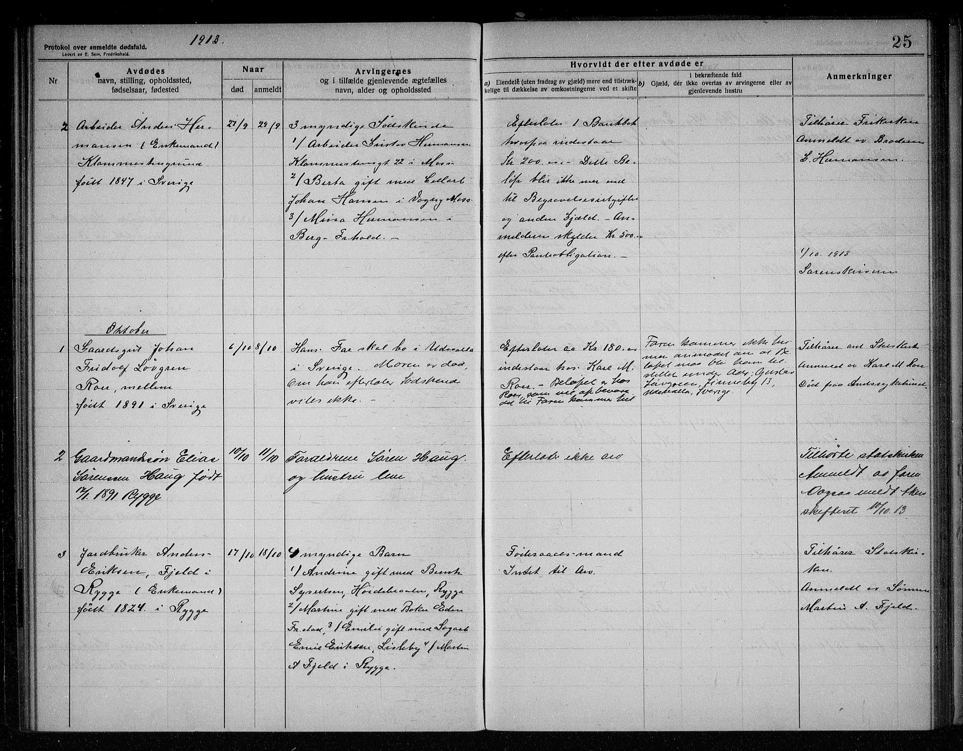 Rygge lensmannskontor, AV/SAO-A-10005/H/Ha/Haa/L0005: Dødsfallsprotokoll, 1912-1916, p. 25