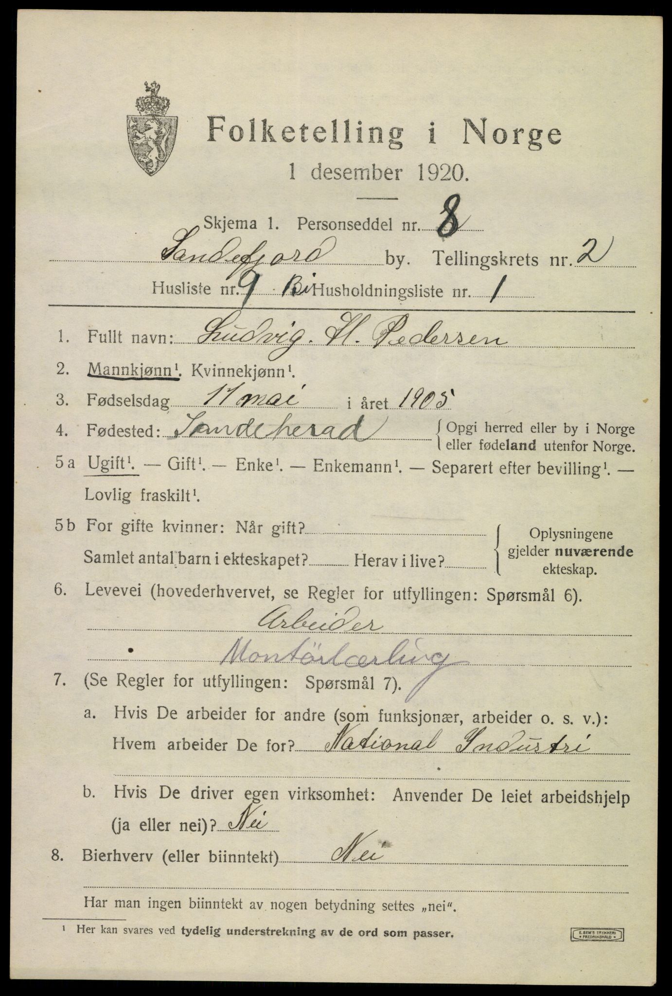 SAKO, 1920 census for Sandefjord, 1920, p. 5598