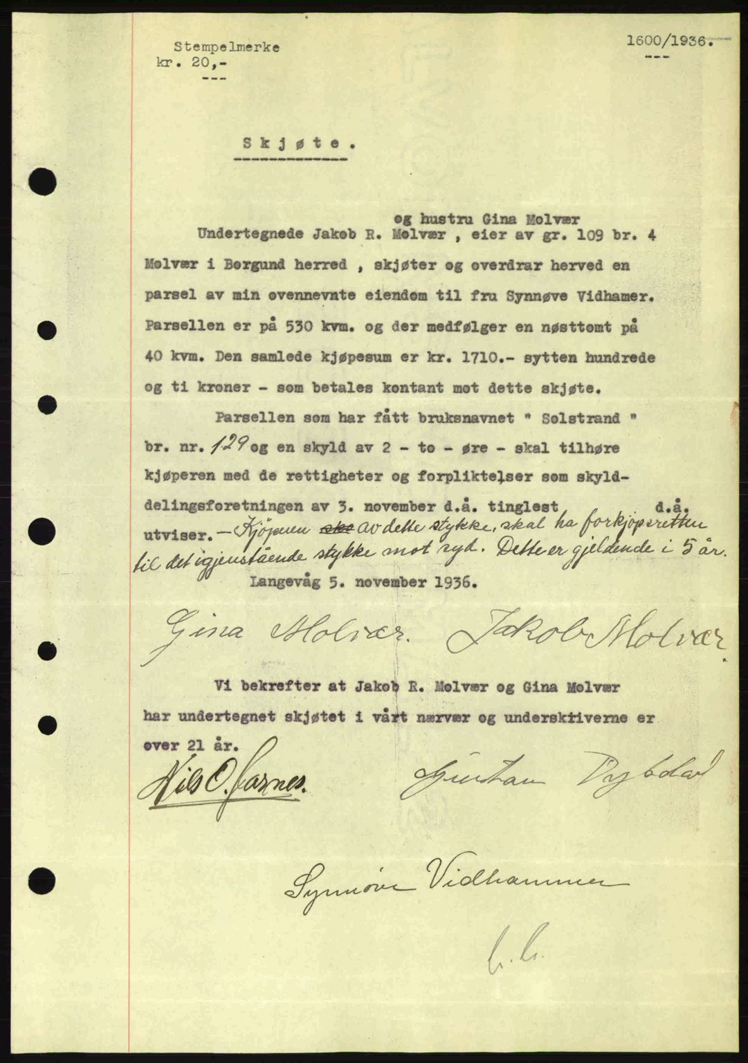 Nordre Sunnmøre sorenskriveri, AV/SAT-A-0006/1/2/2C/2Ca: Mortgage book no. A2, 1936-1937, Diary no: : 1600/1936