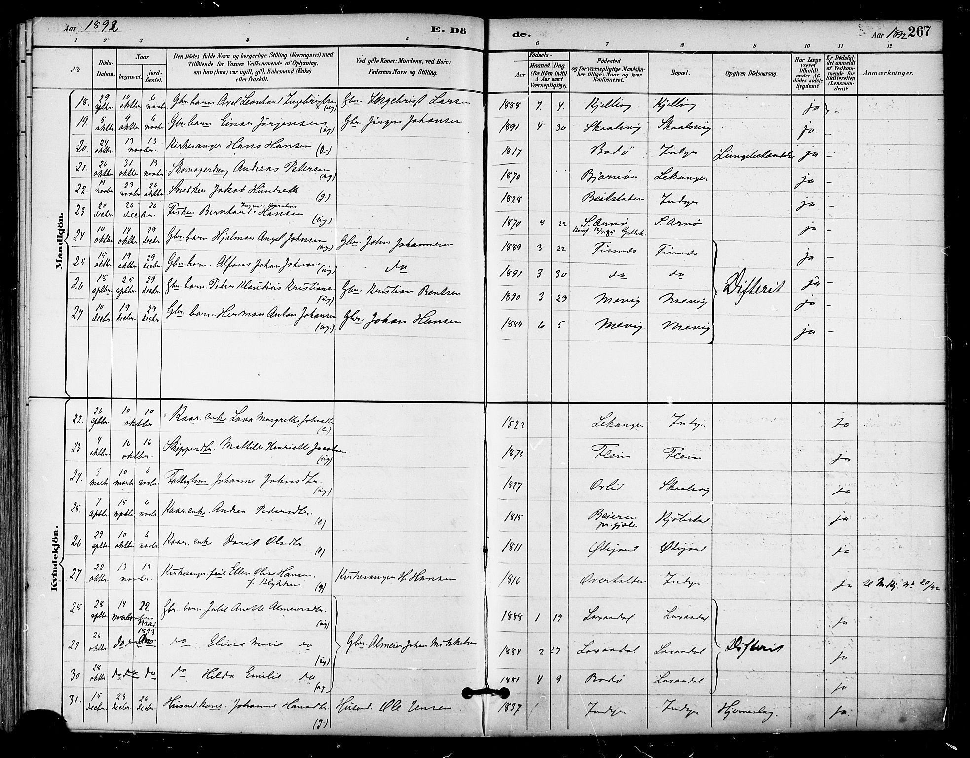 Ministerialprotokoller, klokkerbøker og fødselsregistre - Nordland, AV/SAT-A-1459/805/L0101: Parish register (official) no. 805A07, 1892-1899, p. 267