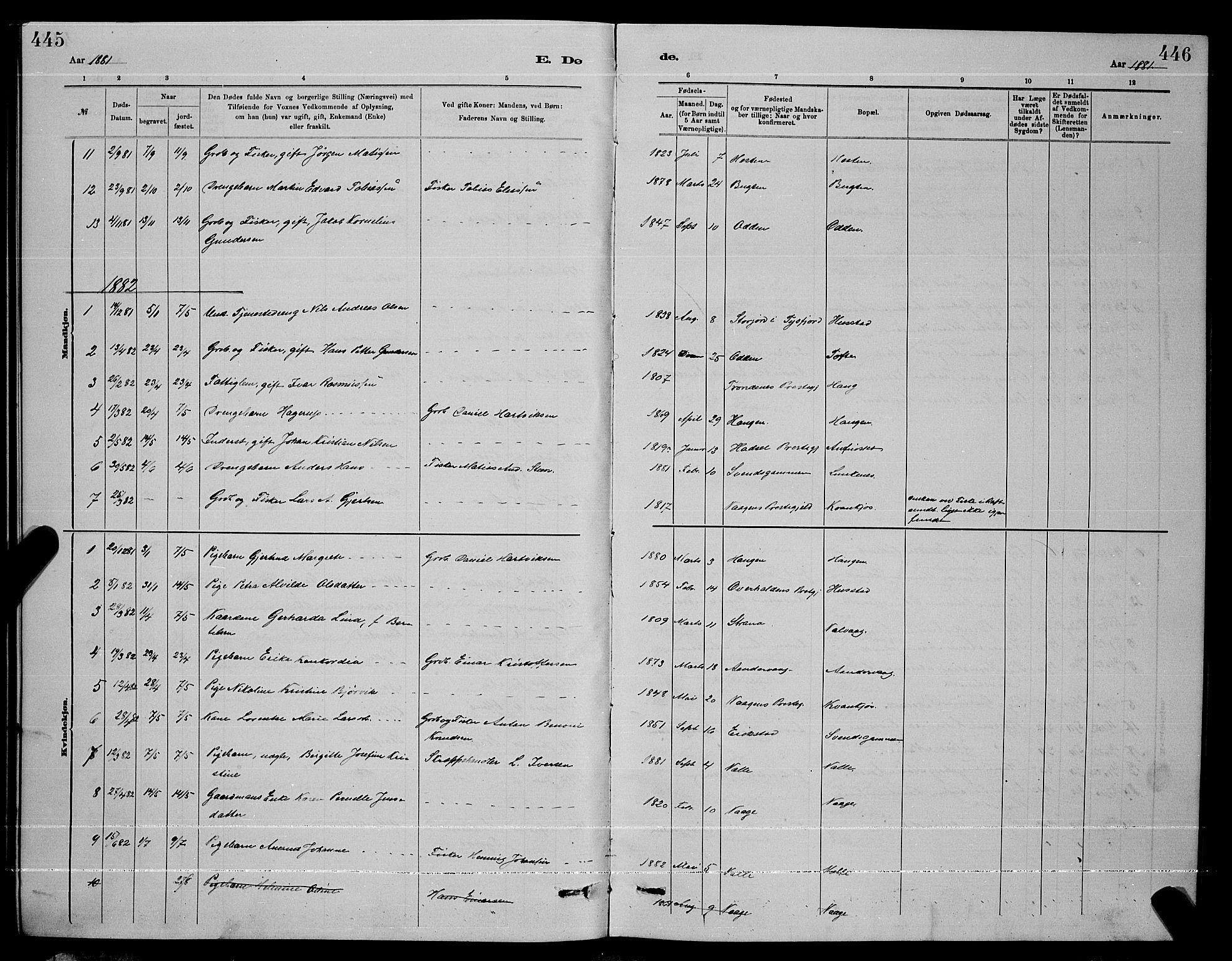 Ministerialprotokoller, klokkerbøker og fødselsregistre - Nordland, AV/SAT-A-1459/872/L1047: Parish register (copy) no. 872C03, 1880-1897, p. 445-446