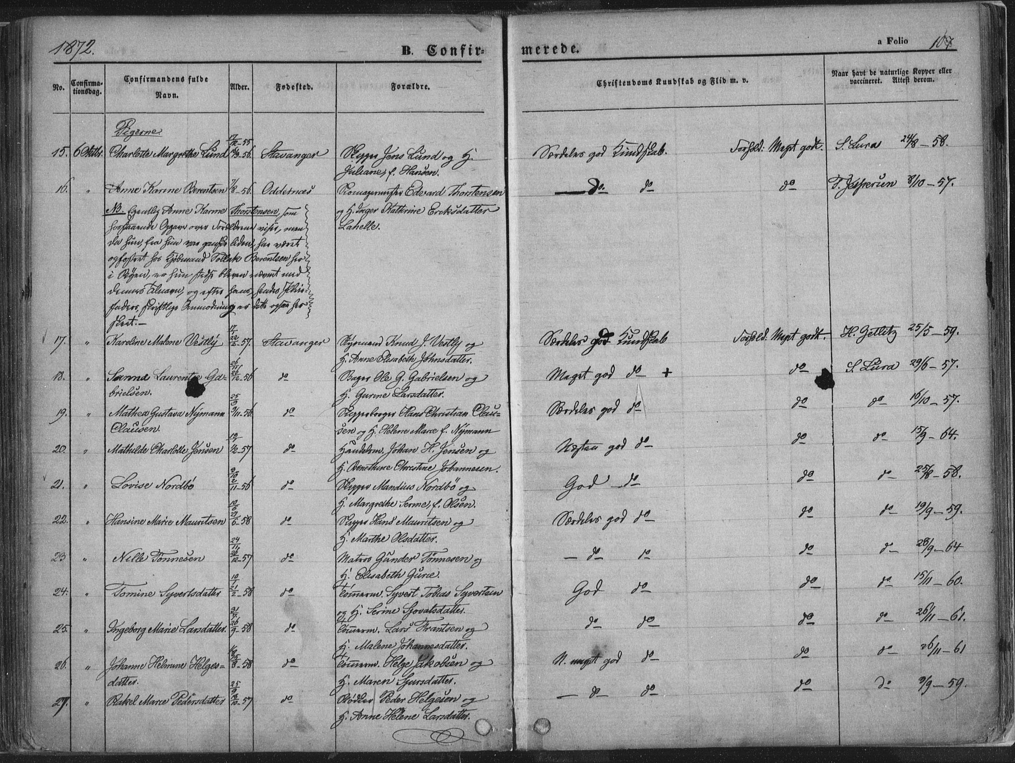 Domkirken sokneprestkontor, SAST/A-101812/001/30/30BA/L0018: Parish register (official) no. A 17, 1857-1877, p. 107