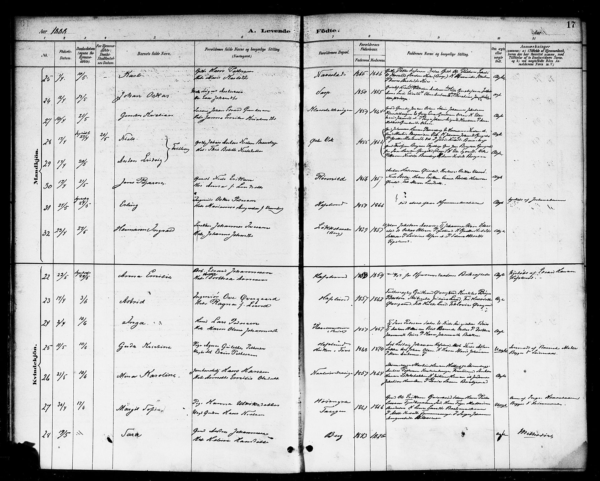 Skjeberg prestekontor Kirkebøker, AV/SAO-A-10923/F/Fa/L0009: Parish register (official) no. I 9, 1886-1897, p. 17