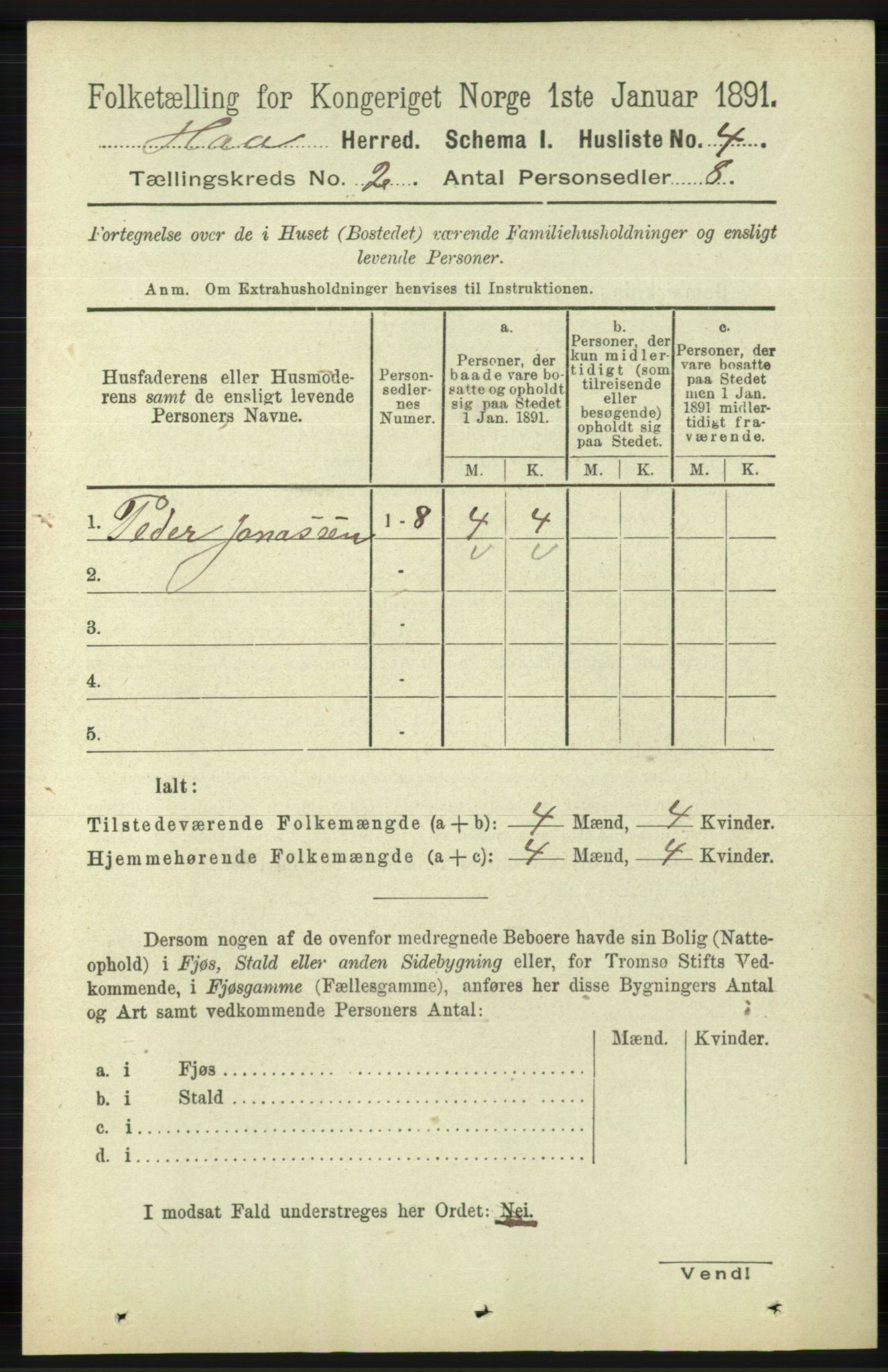 RA, 1891 census for 1119 Hå, 1891, p. 327