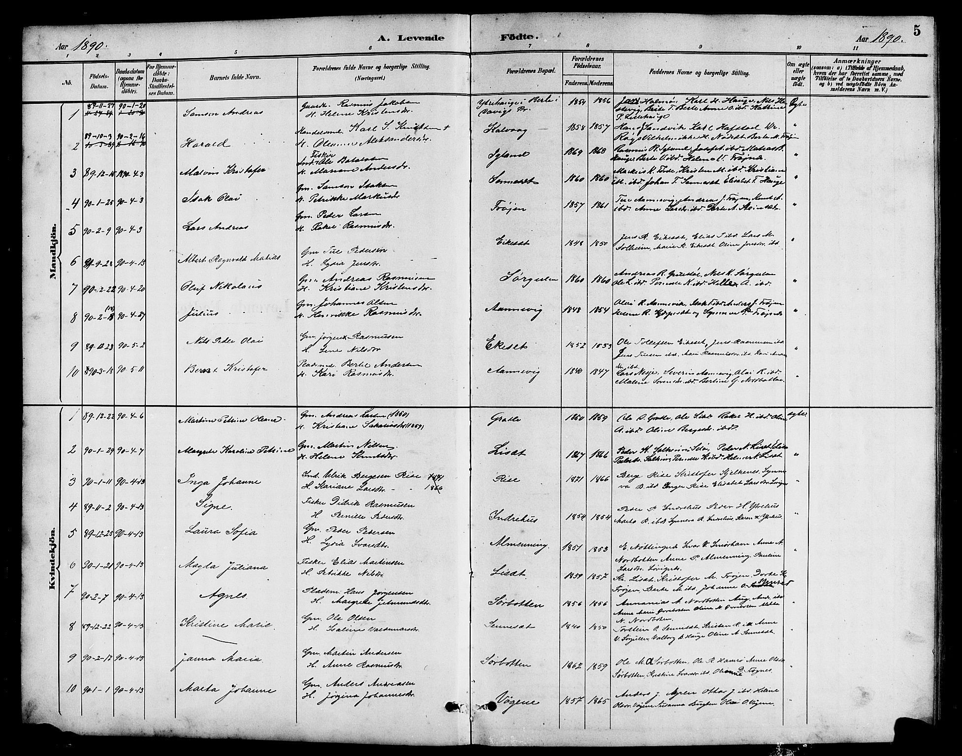Bremanger sokneprestembete, SAB/A-82201/H/Hab/Haba/L0003: Parish register (copy) no. A 3, 1890-1908, p. 5