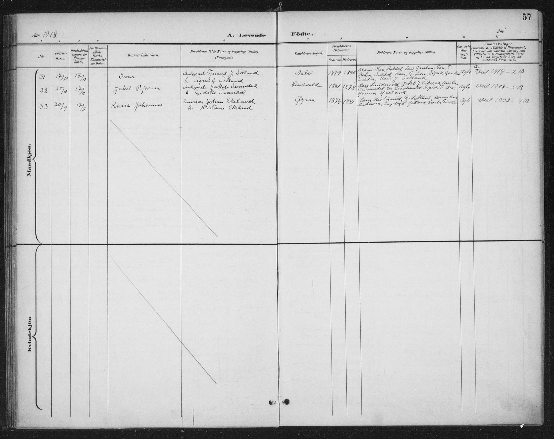 Sand sokneprestkontor, AV/SAST-A-101848/03/C/L0001: Parish register (official) no. A 7, 1899-1928, p. 57