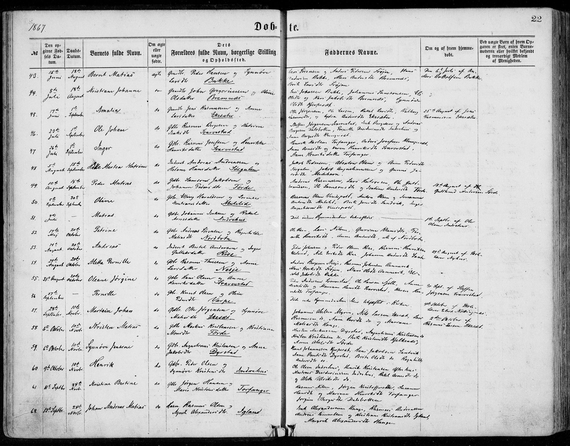 Bremanger sokneprestembete, SAB/A-82201/H/Haa/Haaa/L0001: Parish register (official) no. A  1, 1864-1883, p. 22