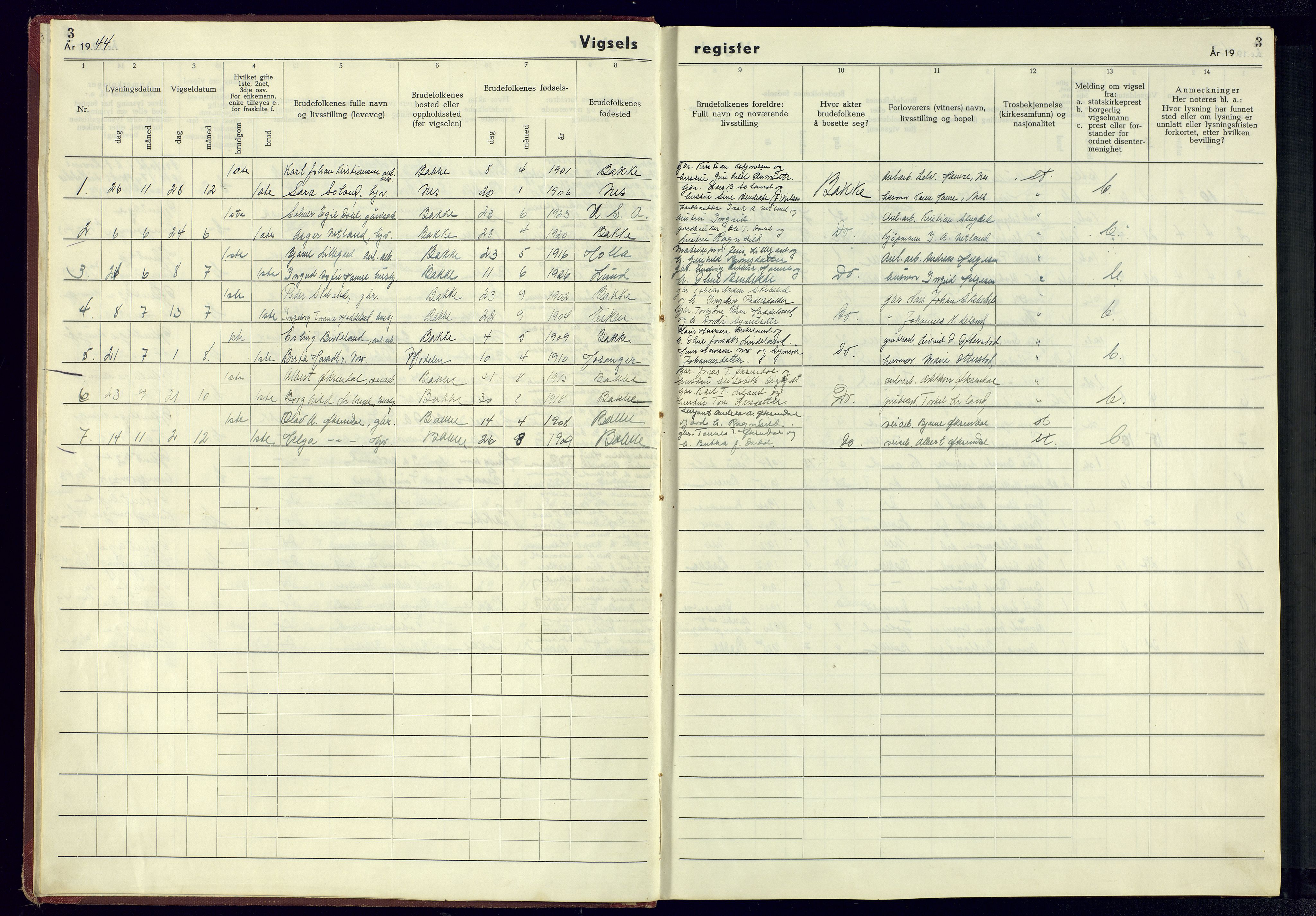 Bakke sokneprestkontor, AV/SAK-1111-0002/J/Jb/L0005: Marriage register no. A-VI-16, 1942-1945, p. 3