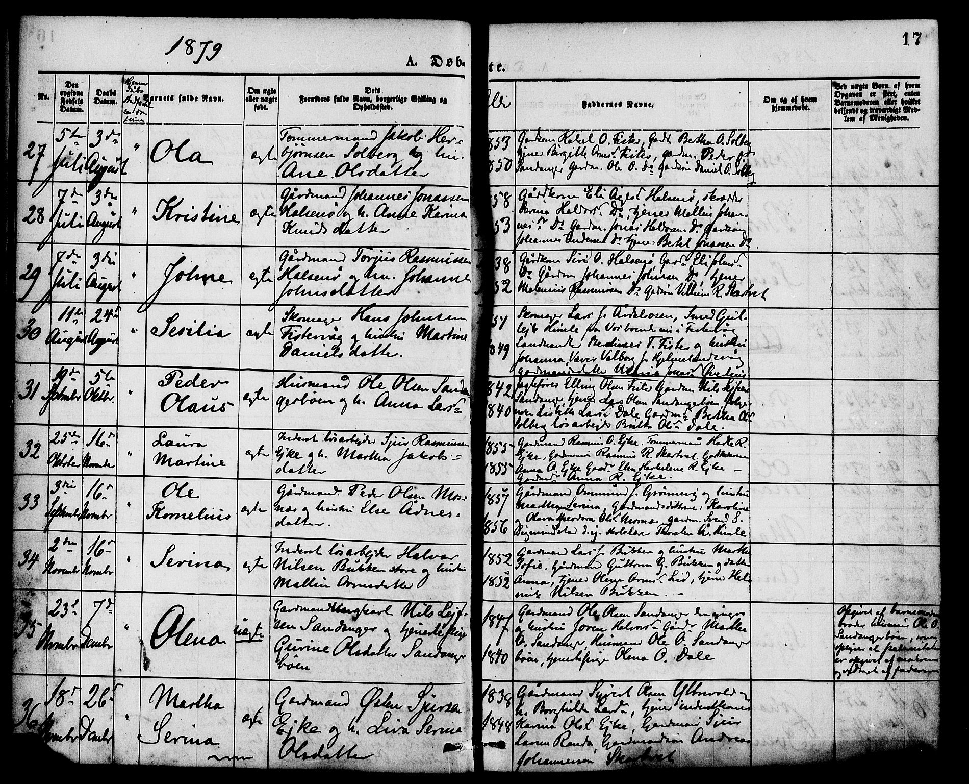 Hjelmeland sokneprestkontor, SAST/A-101843/01/IV/L0013: Parish register (official) no. A 13, 1872-1886, p. 17