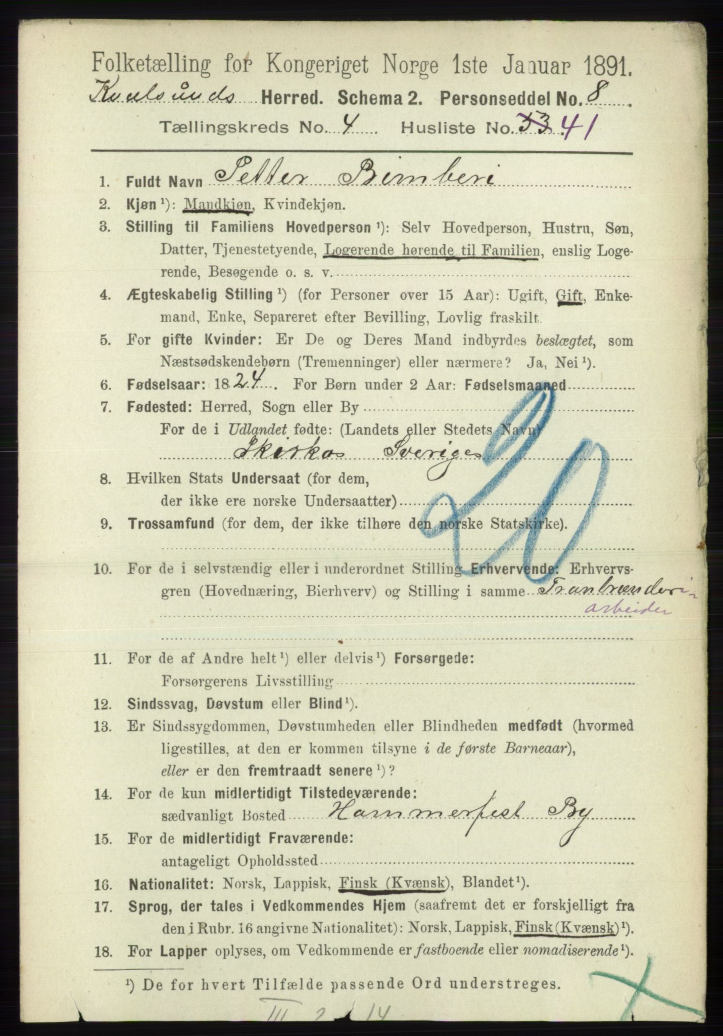 RA, 1891 census for 2017 Kvalsund, 1891, p. 442