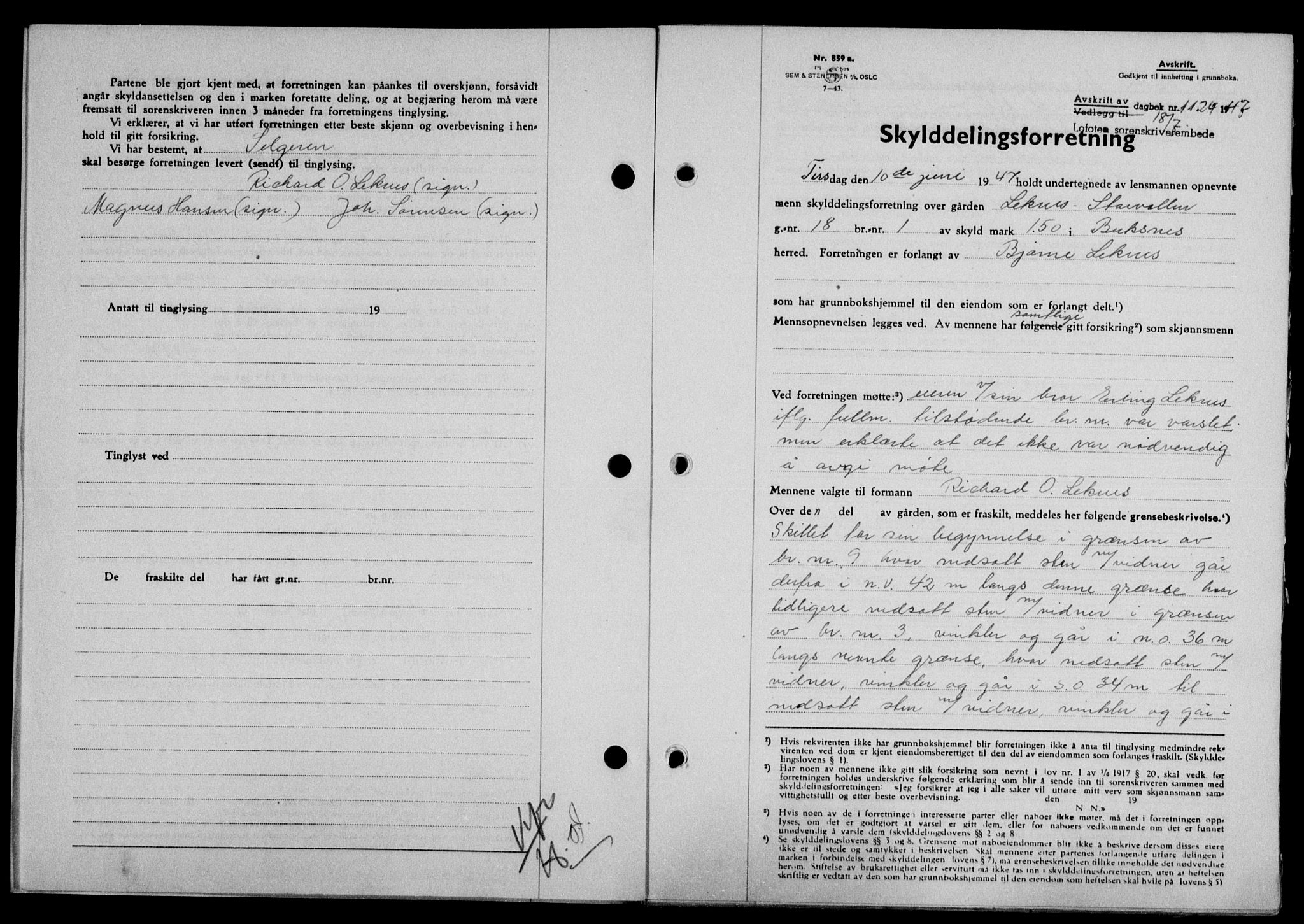 Lofoten sorenskriveri, SAT/A-0017/1/2/2C/L0016a: Mortgage book no. 16a, 1947-1947, Diary no: : 1124/1947