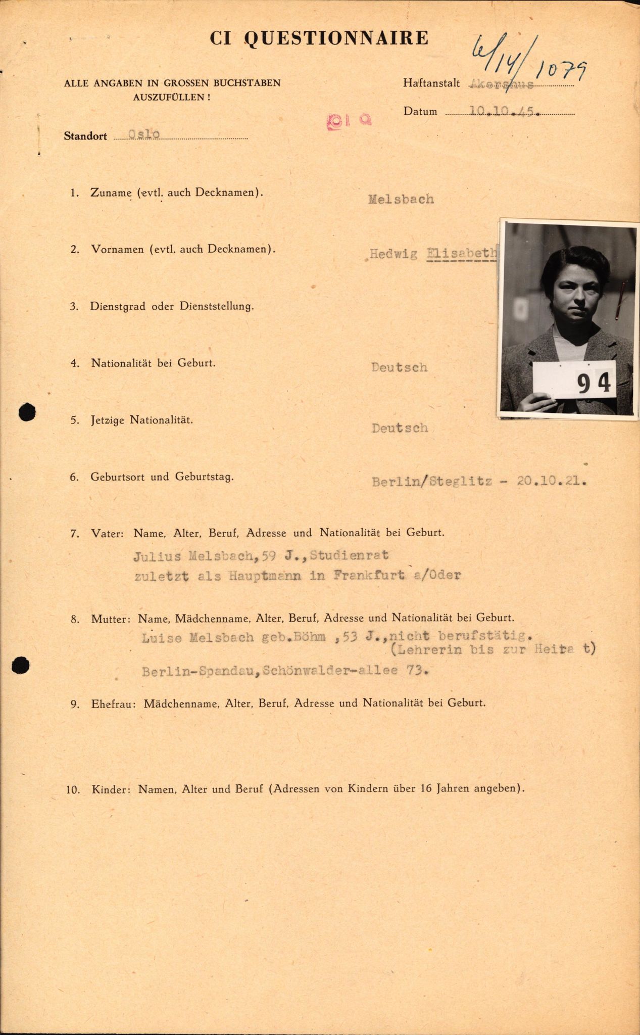 Forsvaret, Forsvarets overkommando II, AV/RA-RAFA-3915/D/Db/L0021: CI Questionaires. Tyske okkupasjonsstyrker i Norge. Tyskere., 1945-1946, p. 359