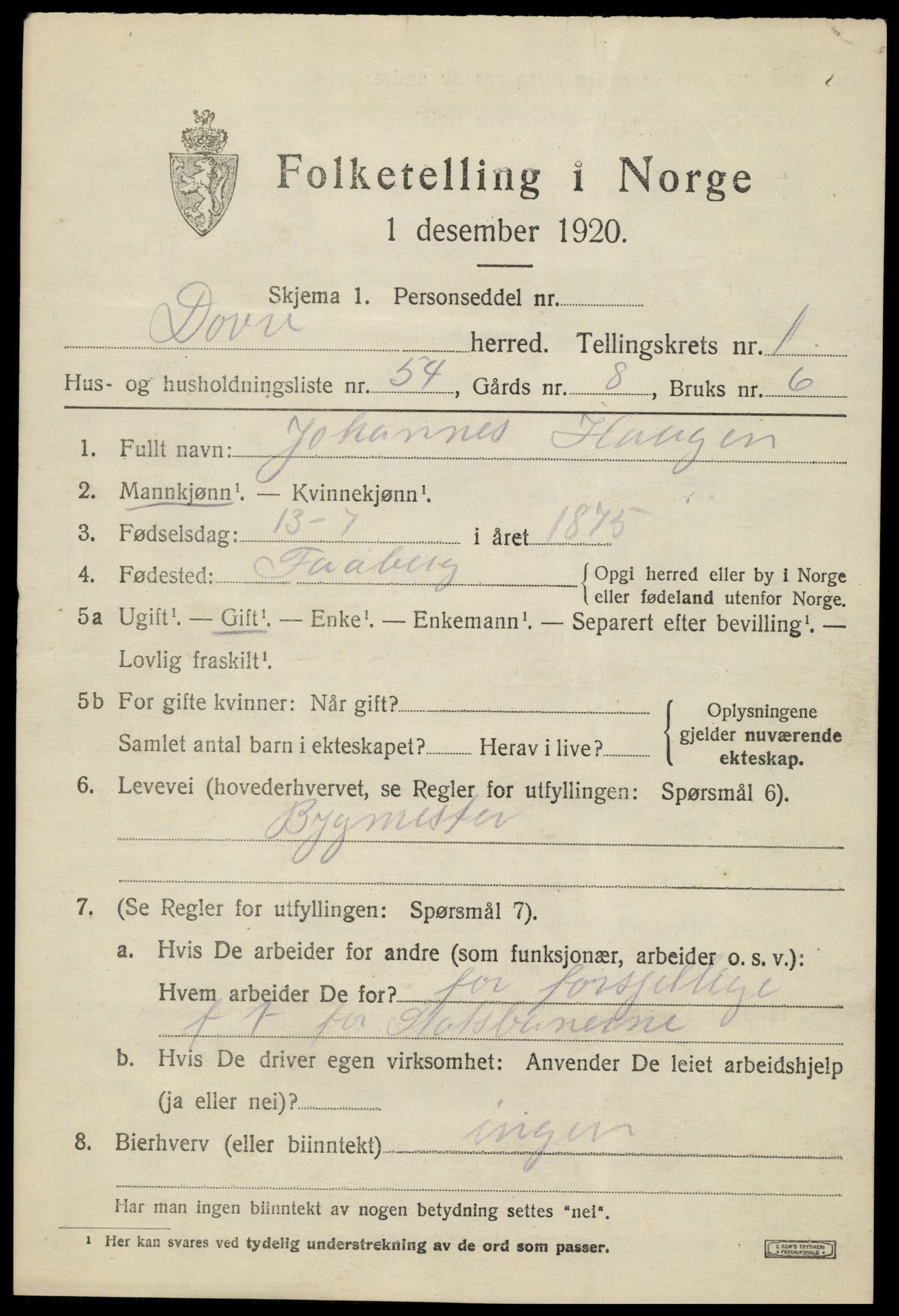 SAH, 1920 census for Dovre, 1920, p. 1626