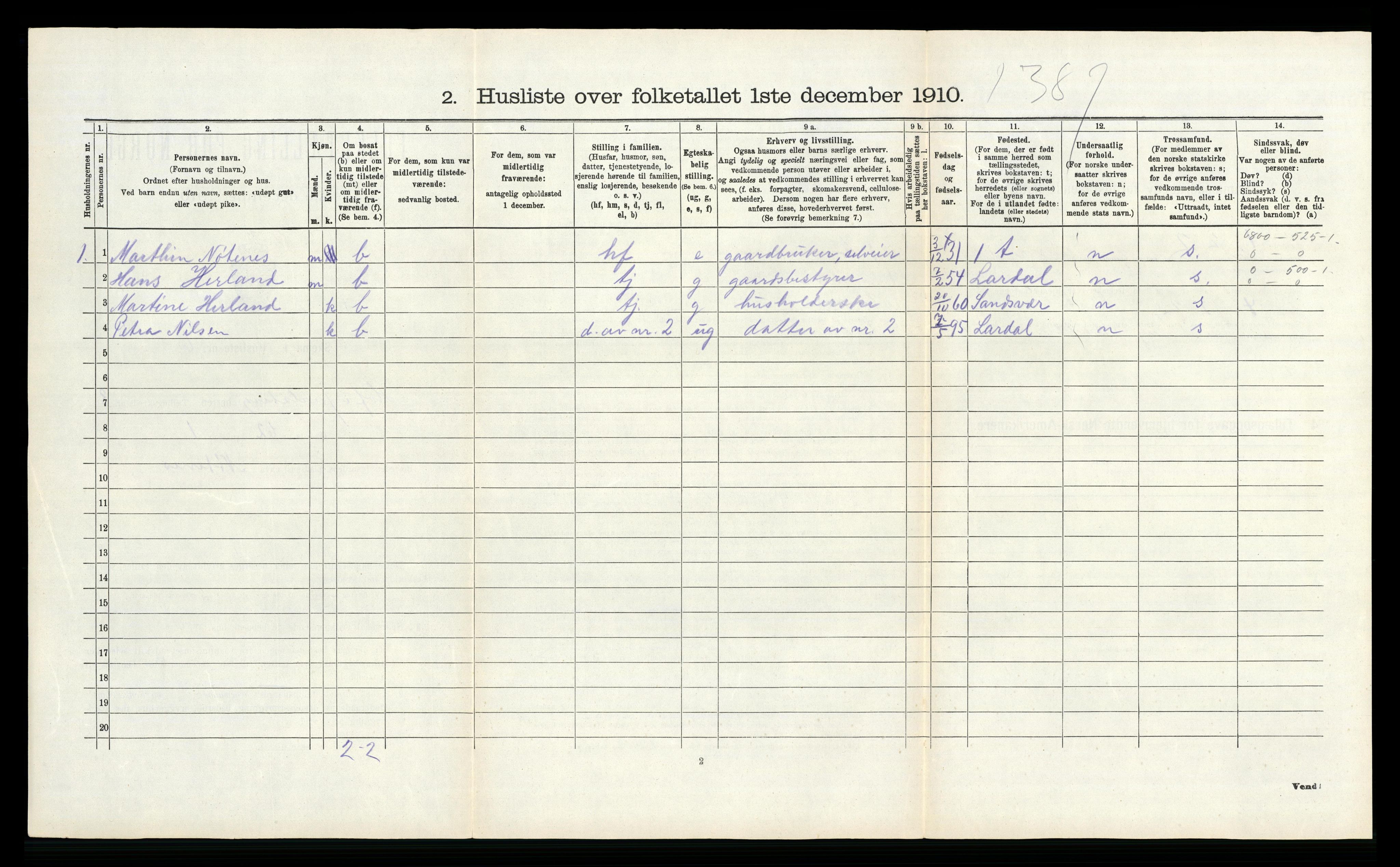 RA, 1910 census for Hof, 1910, p. 501