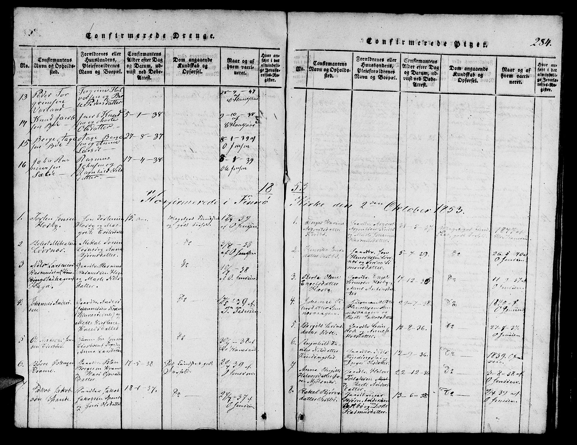 Finnøy sokneprestkontor, SAST/A-101825/H/Ha/Hab/L0001: Parish register (copy) no. B 1, 1816-1856, p. 284
