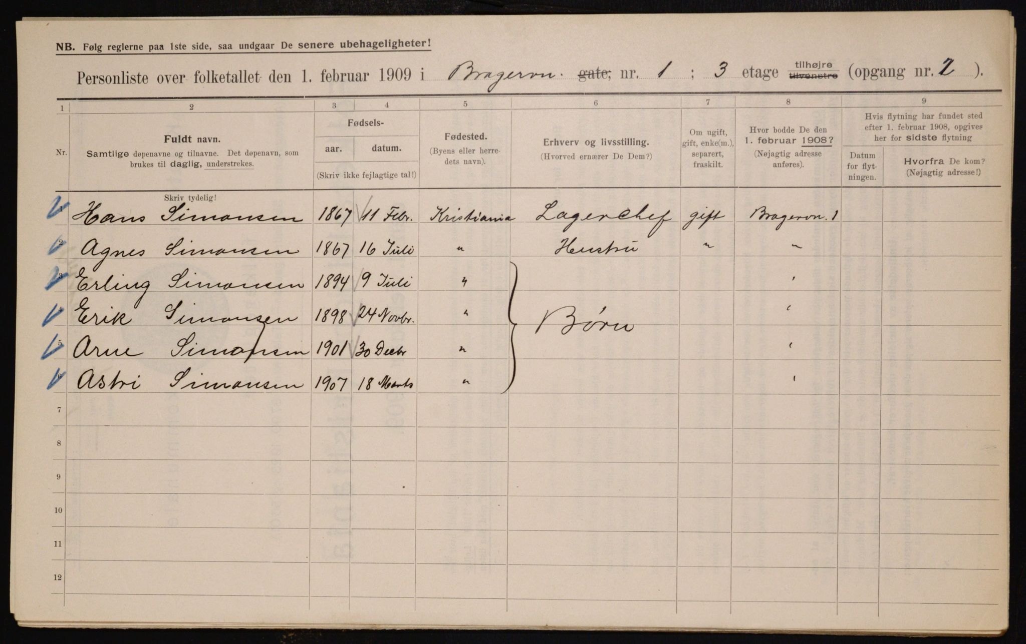 OBA, Municipal Census 1909 for Kristiania, 1909, p. 7542