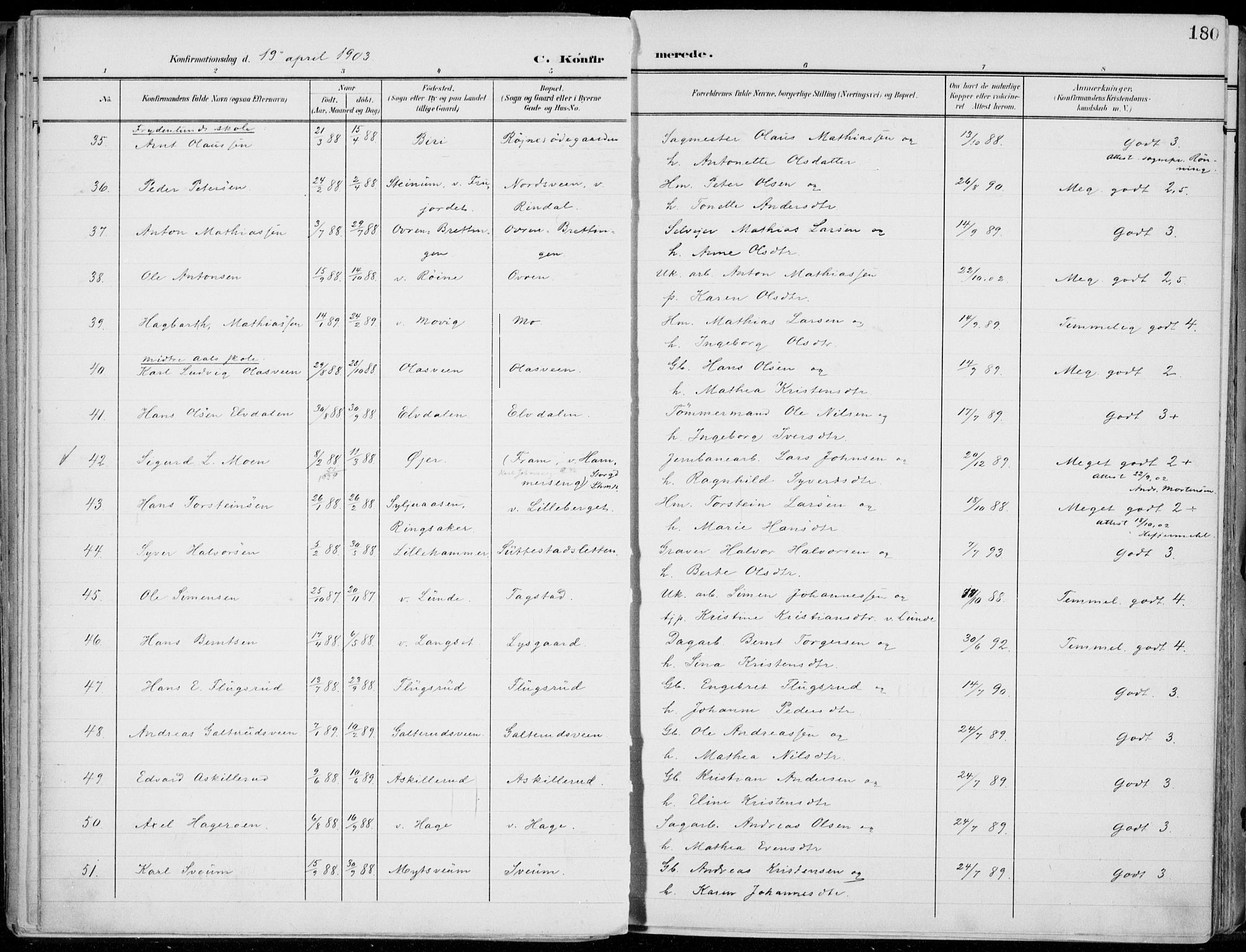 Lillehammer prestekontor, AV/SAH-PREST-088/H/Ha/Haa/L0001: Parish register (official) no. 1, 1901-1916, p. 180