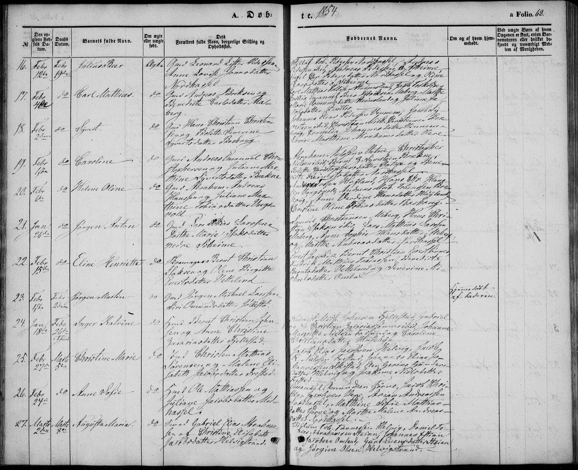 Lista sokneprestkontor, AV/SAK-1111-0027/F/Fb/L0002: Parish register (copy) no. B 2, 1847-1862, p. 62