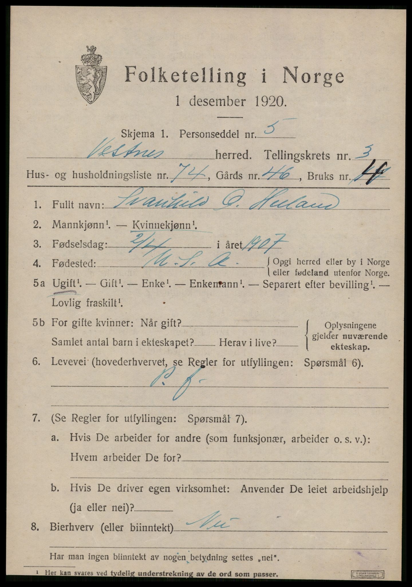 SAT, 1920 census for Vestnes, 1920, p. 3393